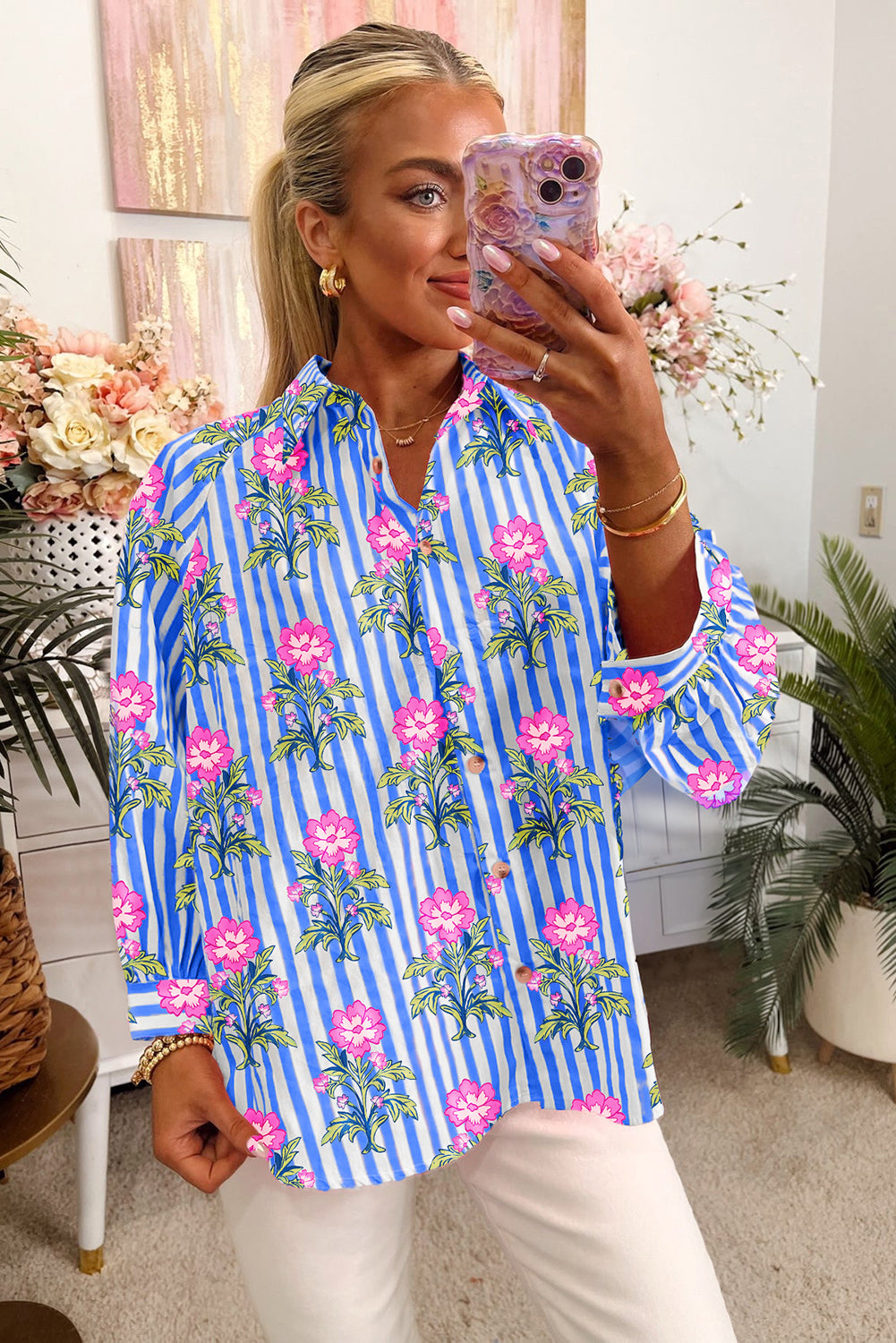 Blue Striped Floral Print Buttoned Cuffs Loose Fit Shirt-Tops/Blouses & Shirts-[Adult]-[Female]-2022 Online Blue Zone Planet