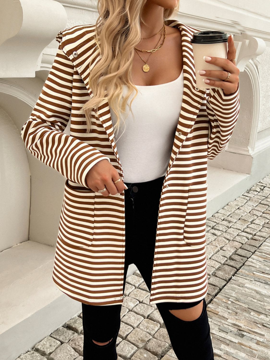 Devine Striped Long Sleeve Hooded Outerwear-TOPS / DRESSES-[Adult]-[Female]-2022 Online Blue Zone Planet