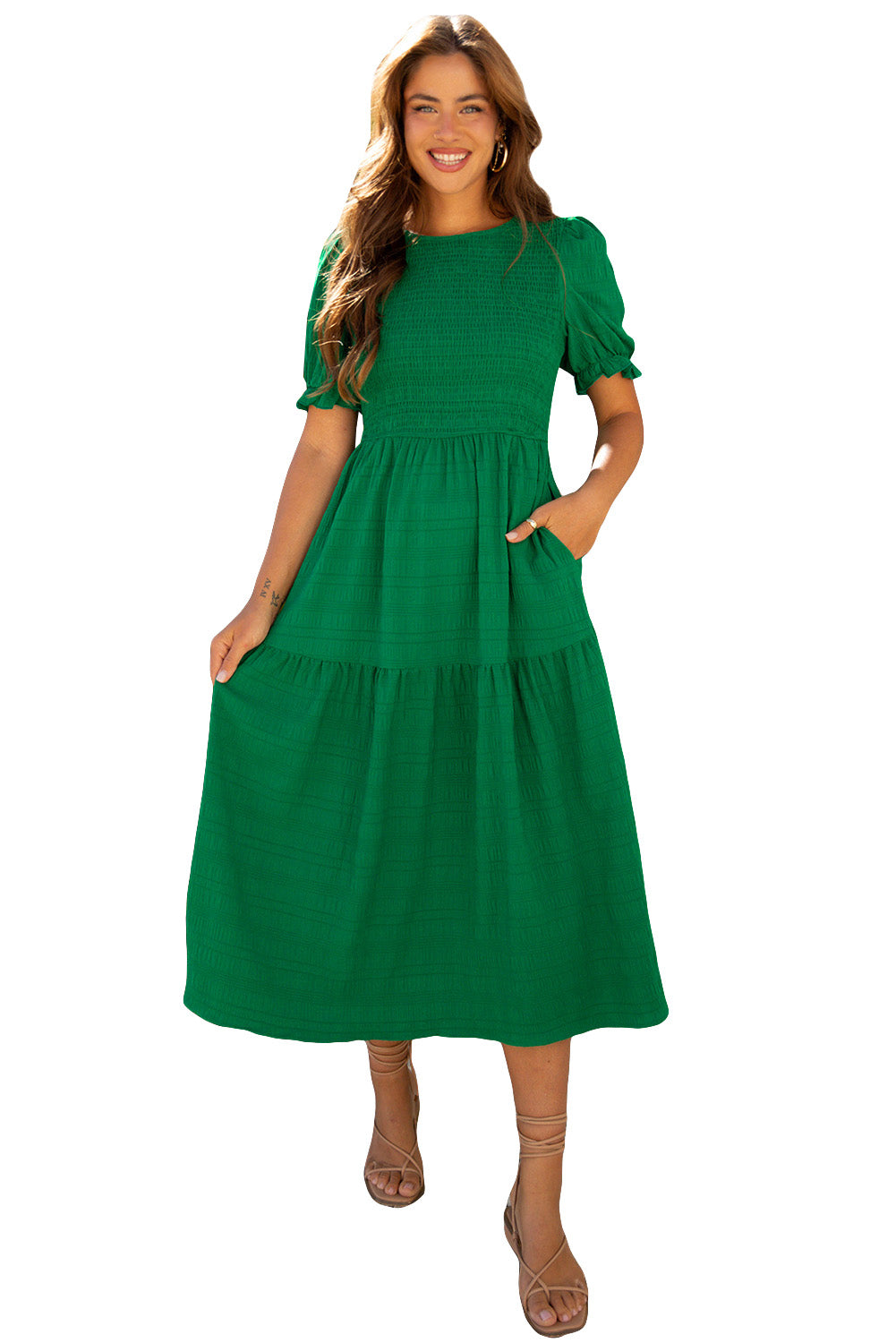 Dark Green Solid Textured Smocked Puff Short Sleeve High Waist Long Dress-TOPS / DRESSES-[Adult]-[Female]-2022 Online Blue Zone Planet