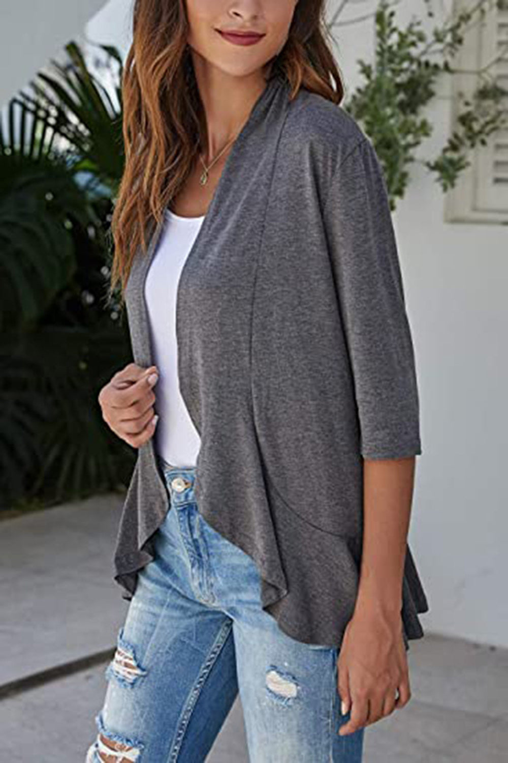 Open Front Three-Quarter Sleeve Cardigan-TOPS / DRESSES-[Adult]-[Female]-Dark Gray-S-2022 Online Blue Zone Planet