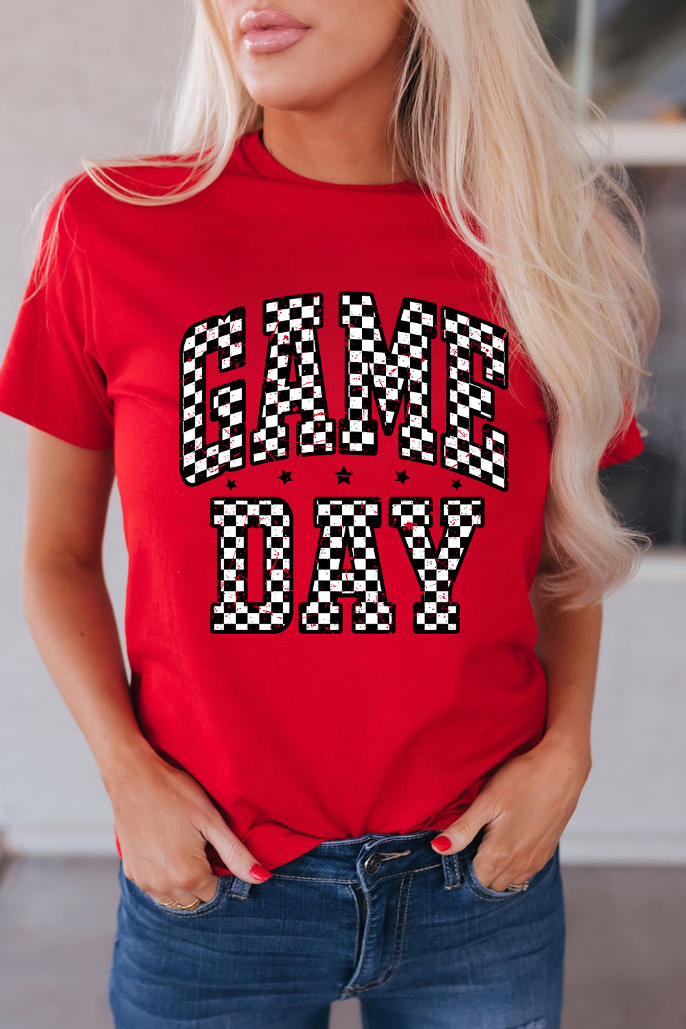 Red Checkered Game Day Graphic T Shirt-Graphic/Graphic Tees-[Adult]-[Female]-2022 Online Blue Zone Planet