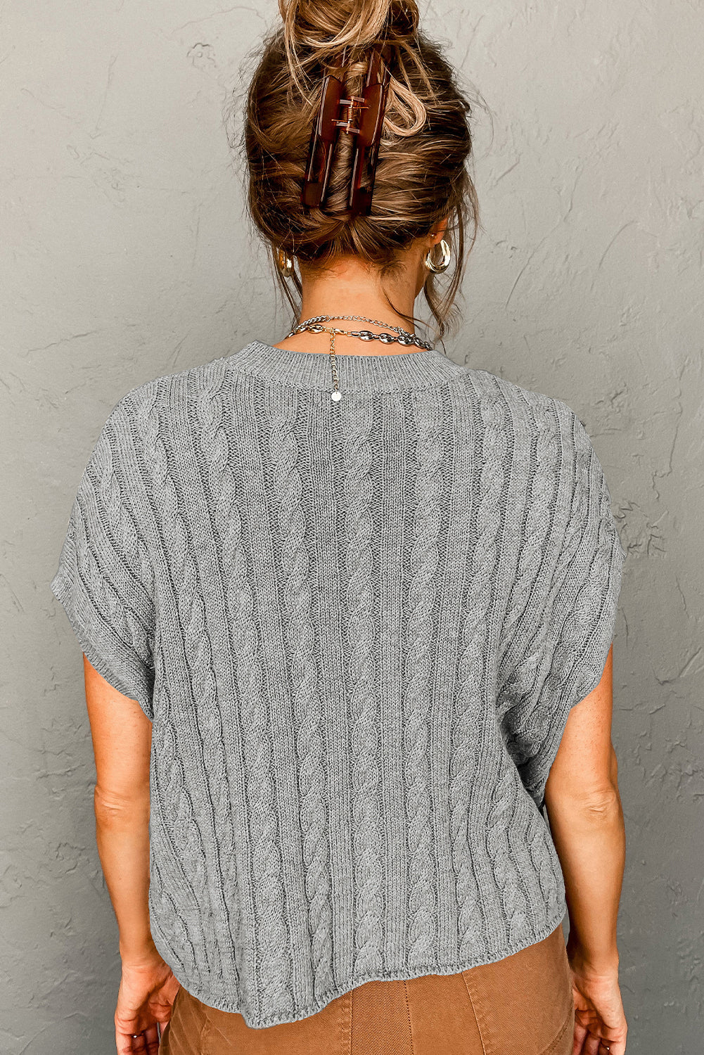 Gray Crew Neck Cable Knit Short Sleeve Sweater-TOPS / DRESSES-[Adult]-[Female]-2022 Online Blue Zone Planet