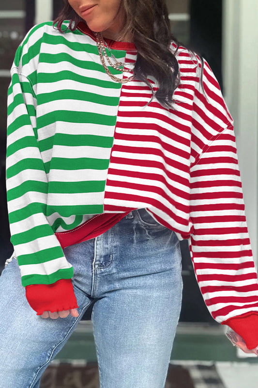 Green Stripe Contrasted Color Block Patchwork Baggy Sweatshirt-Tops/Sweatshirts & Hoodies-[Adult]-[Female]-Green Stripe-S-2022 Online Blue Zone Planet