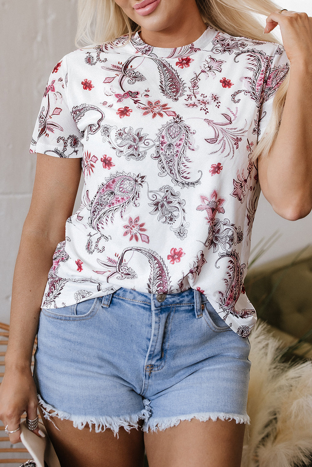 White Vintage Paisley Mock Neck T Shirt-Tops/Tops & Tees-[Adult]-[Female]-2022 Online Blue Zone Planet