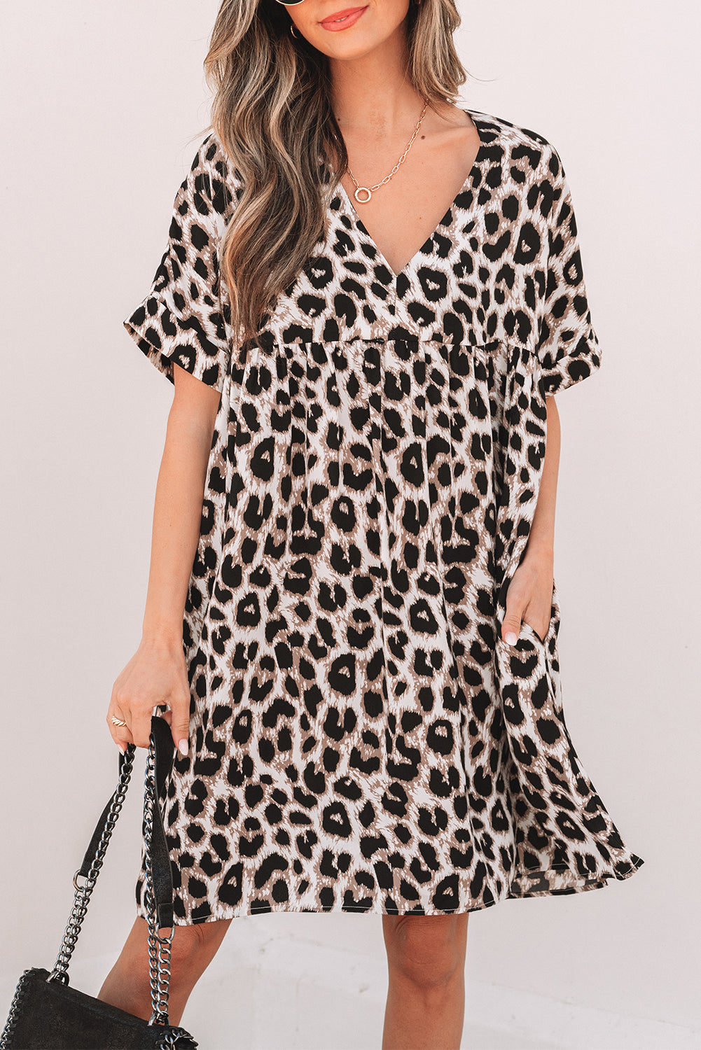Khaki Cheetah Print Backless V Neck Loose Fit Mini Dress-TOPS / DRESSES-[Adult]-[Female]-2022 Online Blue Zone Planet