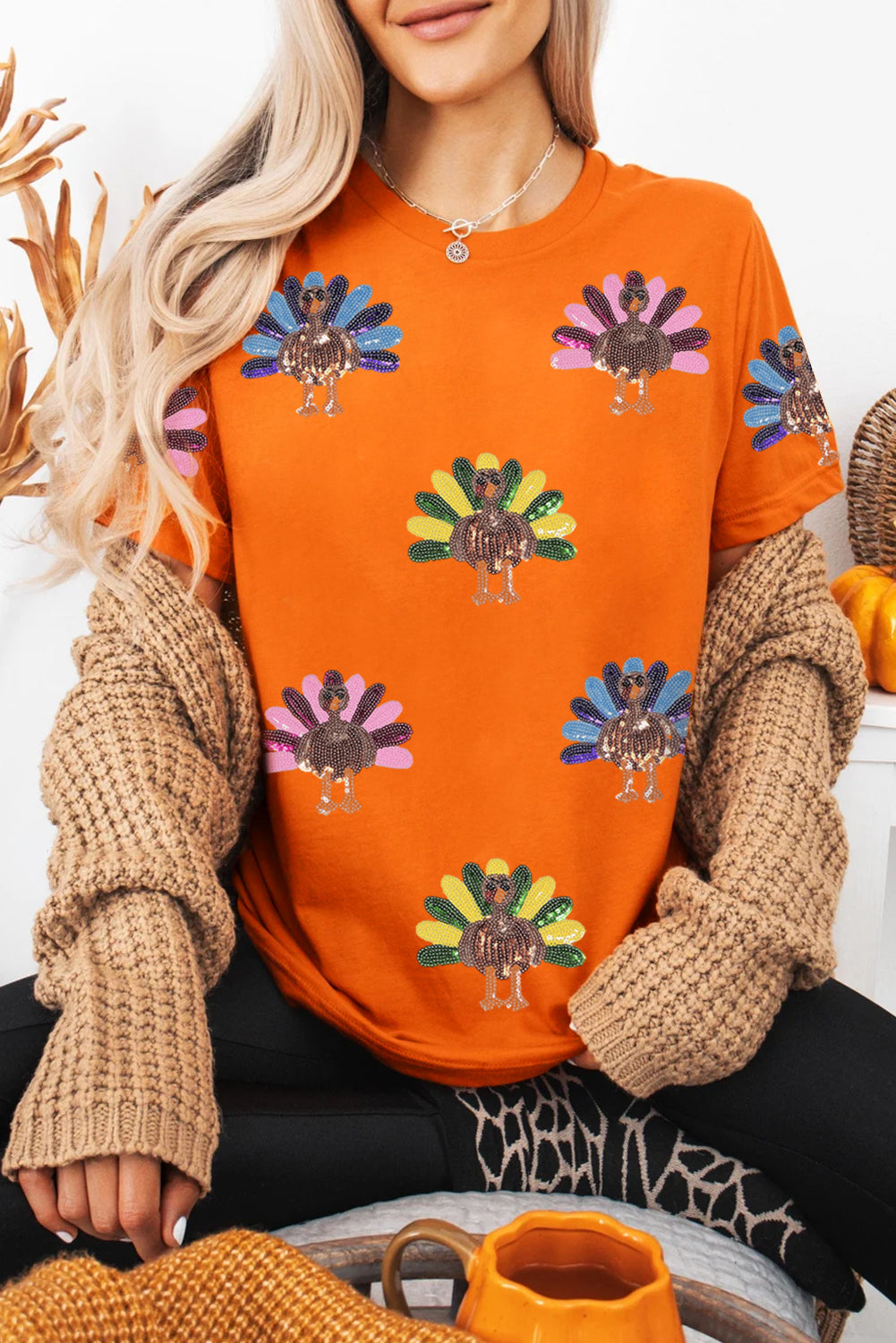 Orange Colorful Turkey Thanksgiving Graphic Tee-Graphic/Graphic Tees-[Adult]-[Female]-Orange-S-2022 Online Blue Zone Planet