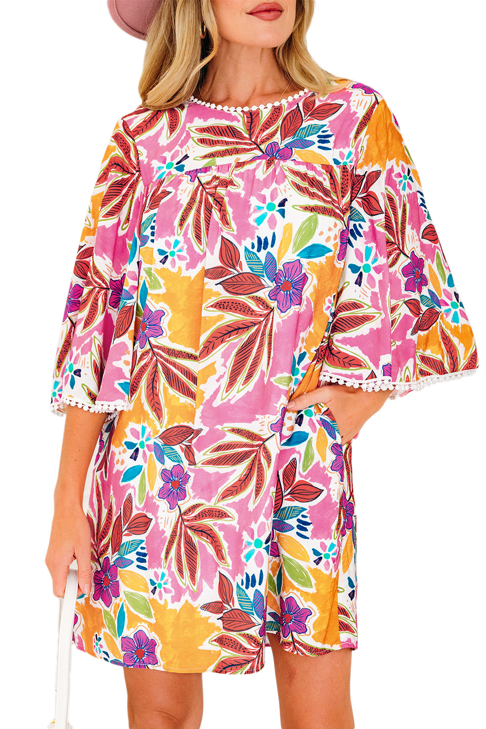 Pink Floral Print Lace Trimmed Tie Back Bell Sleeve Swing Mini Dress-TOPS / DRESSES-[Adult]-[Female]-2022 Online Blue Zone Planet