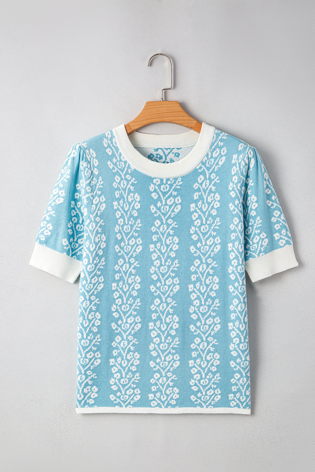 Sky Blue Contrast Floral Crewneck Short Sleeve Sweater-Sweaters & Cardigans/Short Sleeve Sweaters-[Adult]-[Female]-2022 Online Blue Zone Planet