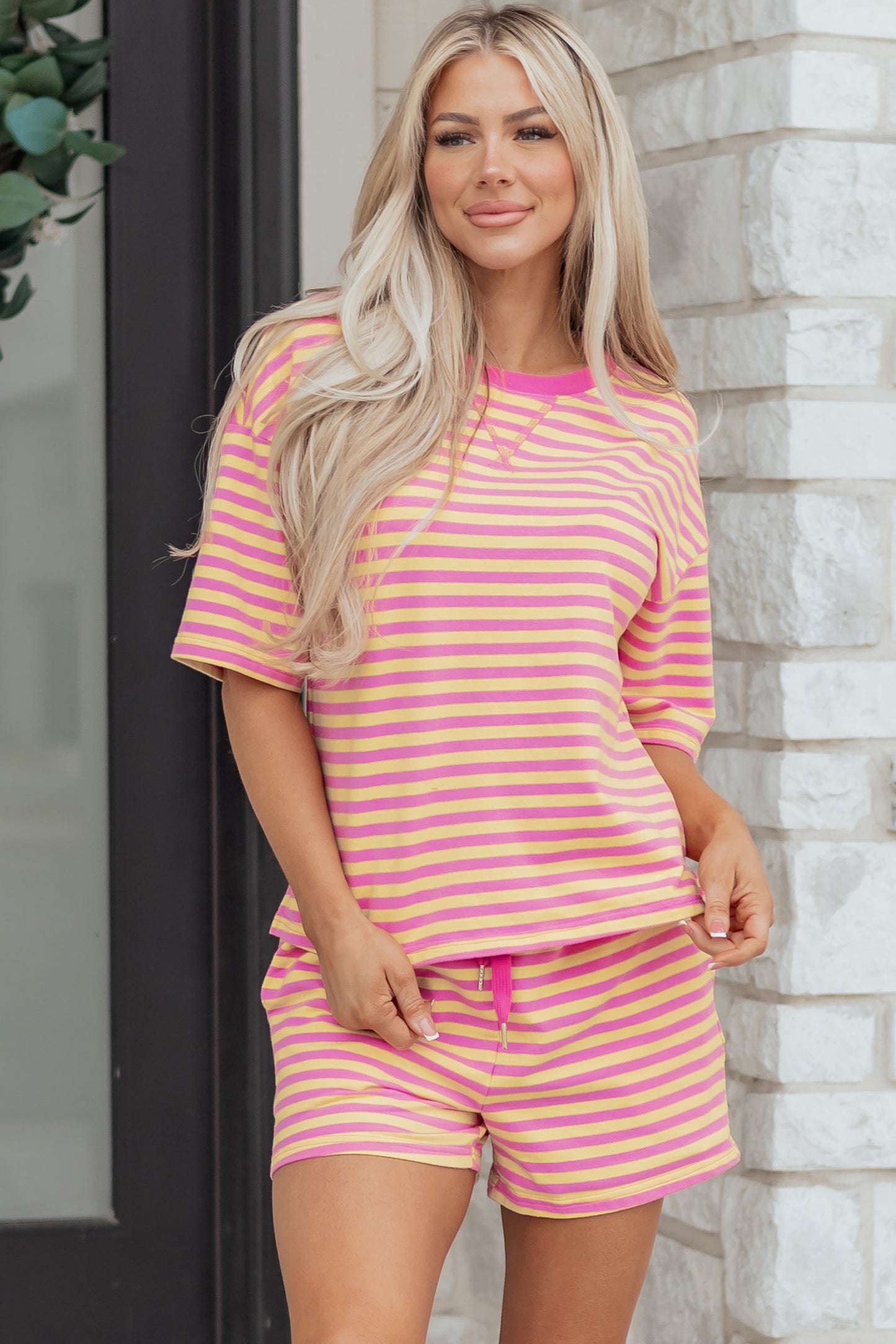 Green Stripe Drop Shoulder Boxy Casual Terry Short Set-Two Piece Sets/Short Sets-[Adult]-[Female]-2022 Online Blue Zone Planet