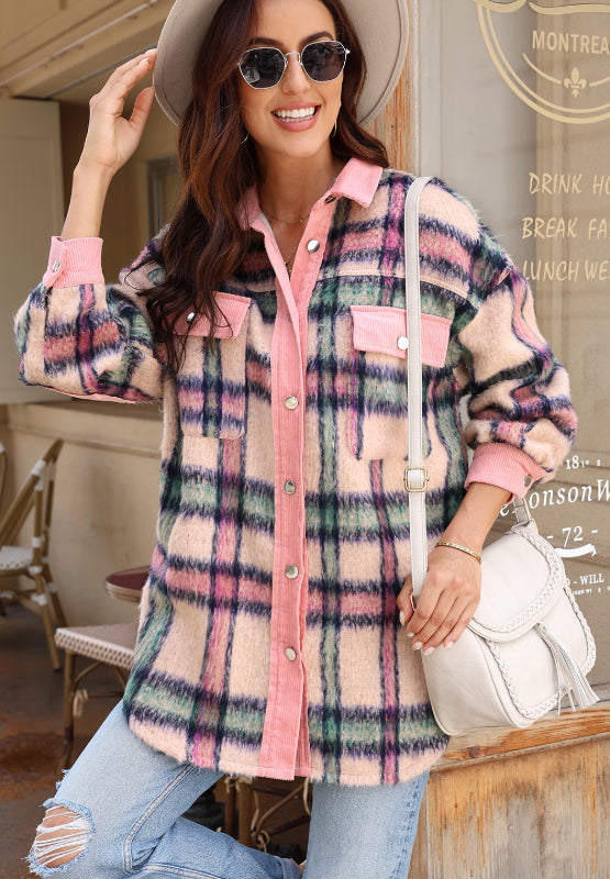 Fuzzy Plaid Corduroy Patchwork Shacket-TOPS / DRESSES-[Adult]-[Female]-2022 Online Blue Zone Planet