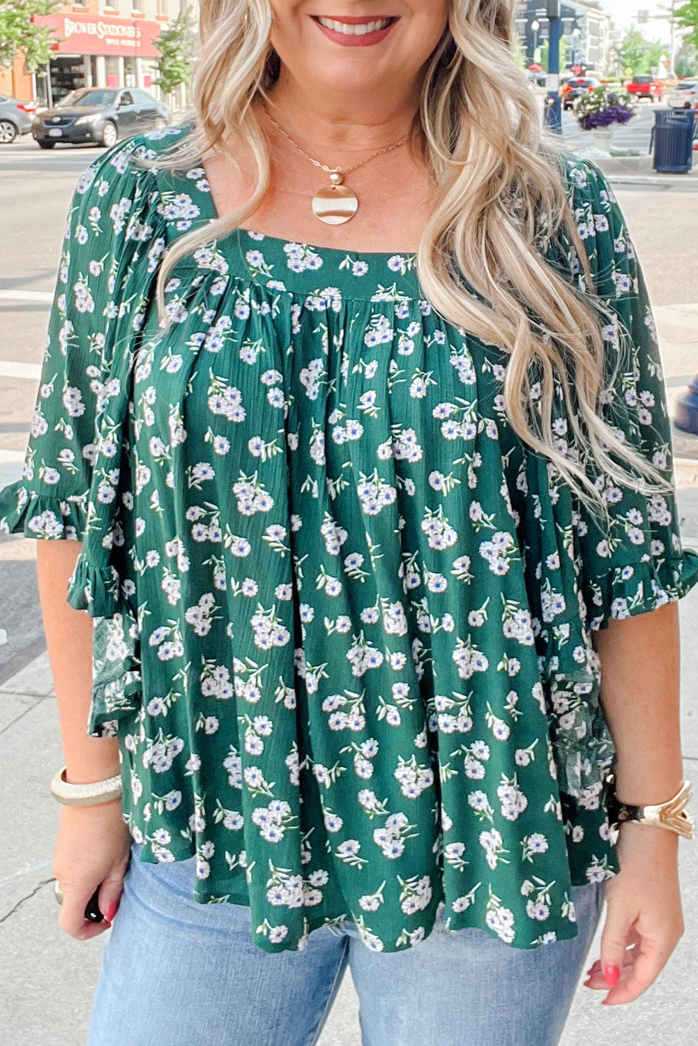 Green Floral Print Square Neck Ruffled Trim Plus Size Blouse-Plus Size/Plus Size Tops/Plus Size Blouses & Shirts-[Adult]-[Female]-Green-1X-2022 Online Blue Zone Planet