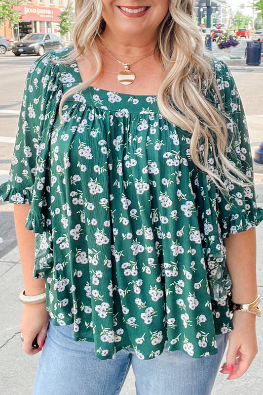 Green Floral Print Square Neck Ruffled Trim Plus Size Blouse-Plus Size/Plus Size Tops/Plus Size Blouses & Shirts-[Adult]-[Female]-Green-1X-2022 Online Blue Zone Planet