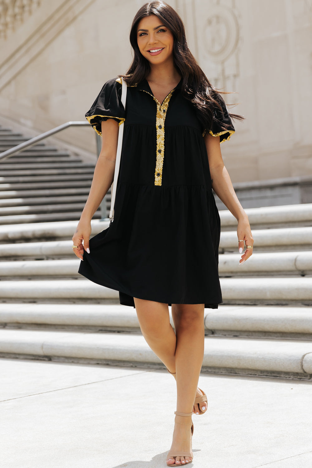 Blue Zone Planet | Black Sequin Trim Bubble Sleeve Game Day Shirt Black / M / 50%Polyester+50%Viscose by Blue Zone Planet Blue Zone Planet | Black Sequin Trim Bubble Sleeve Game Day Shirt Black / M / 50%Polyester+50%Viscose by Blue Zone Planet