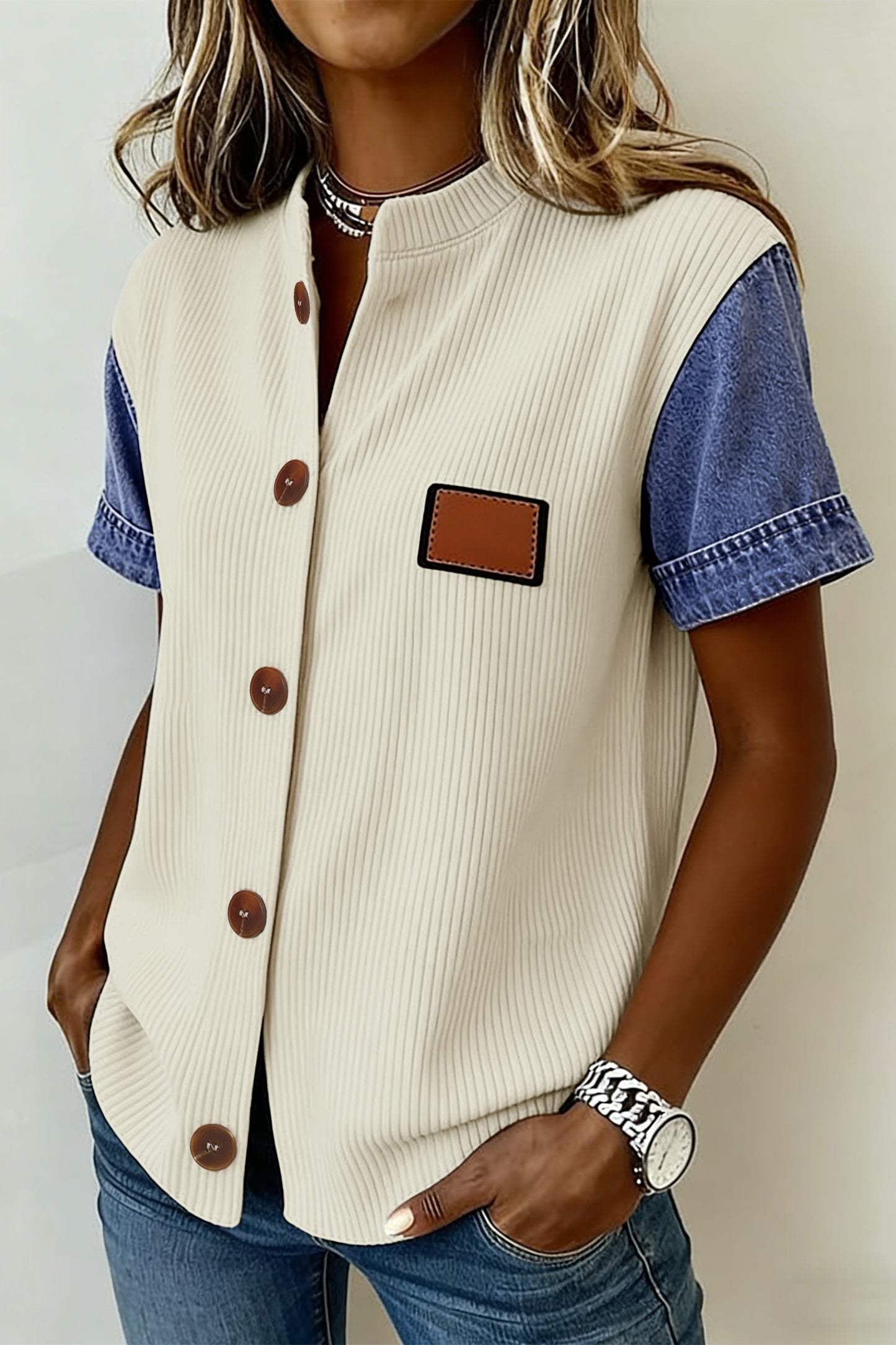 Beige Denim Patchwork Short Sleeve Ribbed Shirt-Tops/Blouses & Shirts-[Adult]-[Female]-2022 Online Blue Zone Planet