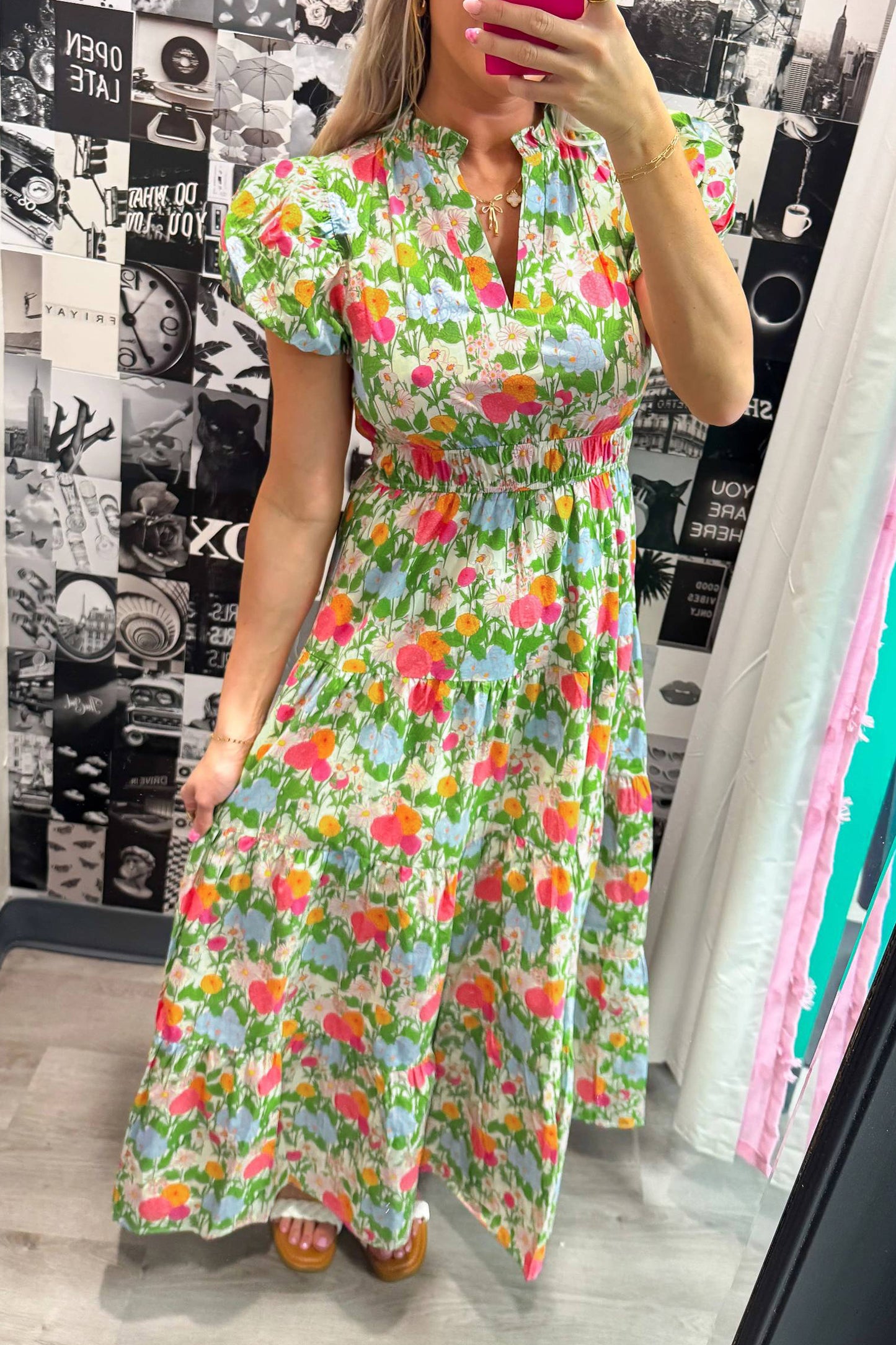 Green Floral Print V Neck Short Puff Sleeve Cotton Maxi Dress-Dresses/Floral Dresses-[Adult]-[Female]-2022 Online Blue Zone Planet