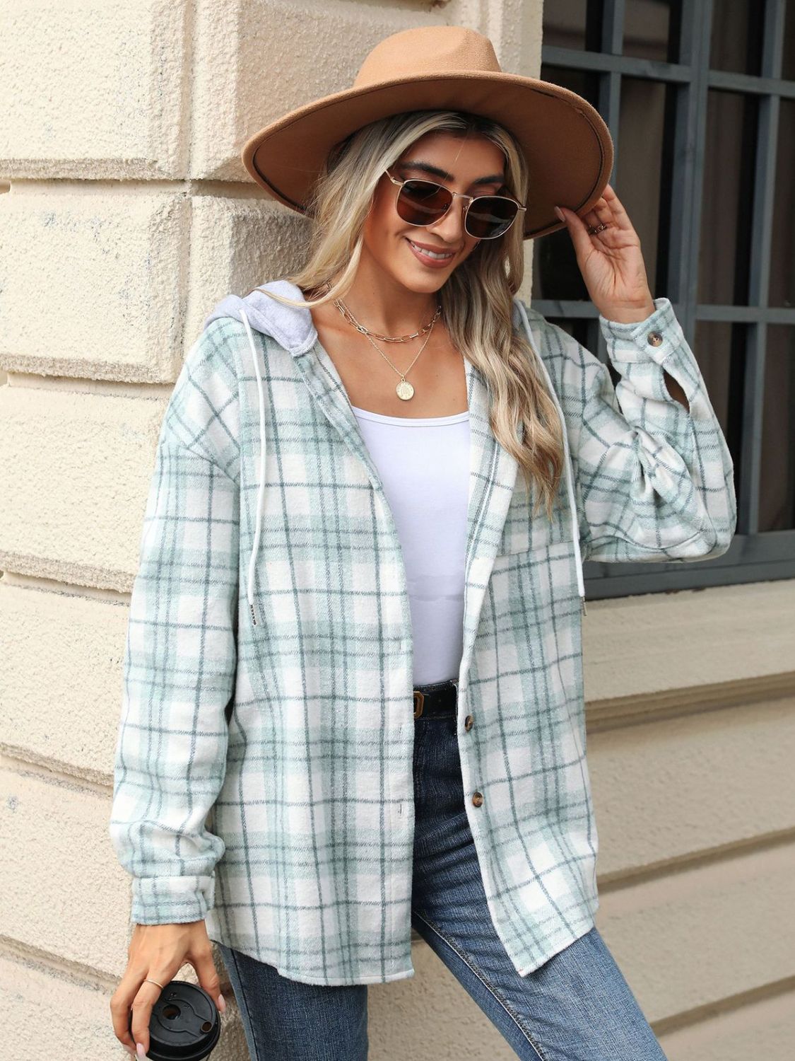 Drawstring Plaid Button Up Hooded Jacket-TOPS / DRESSES-[Adult]-[Female]-2022 Online Blue Zone Planet