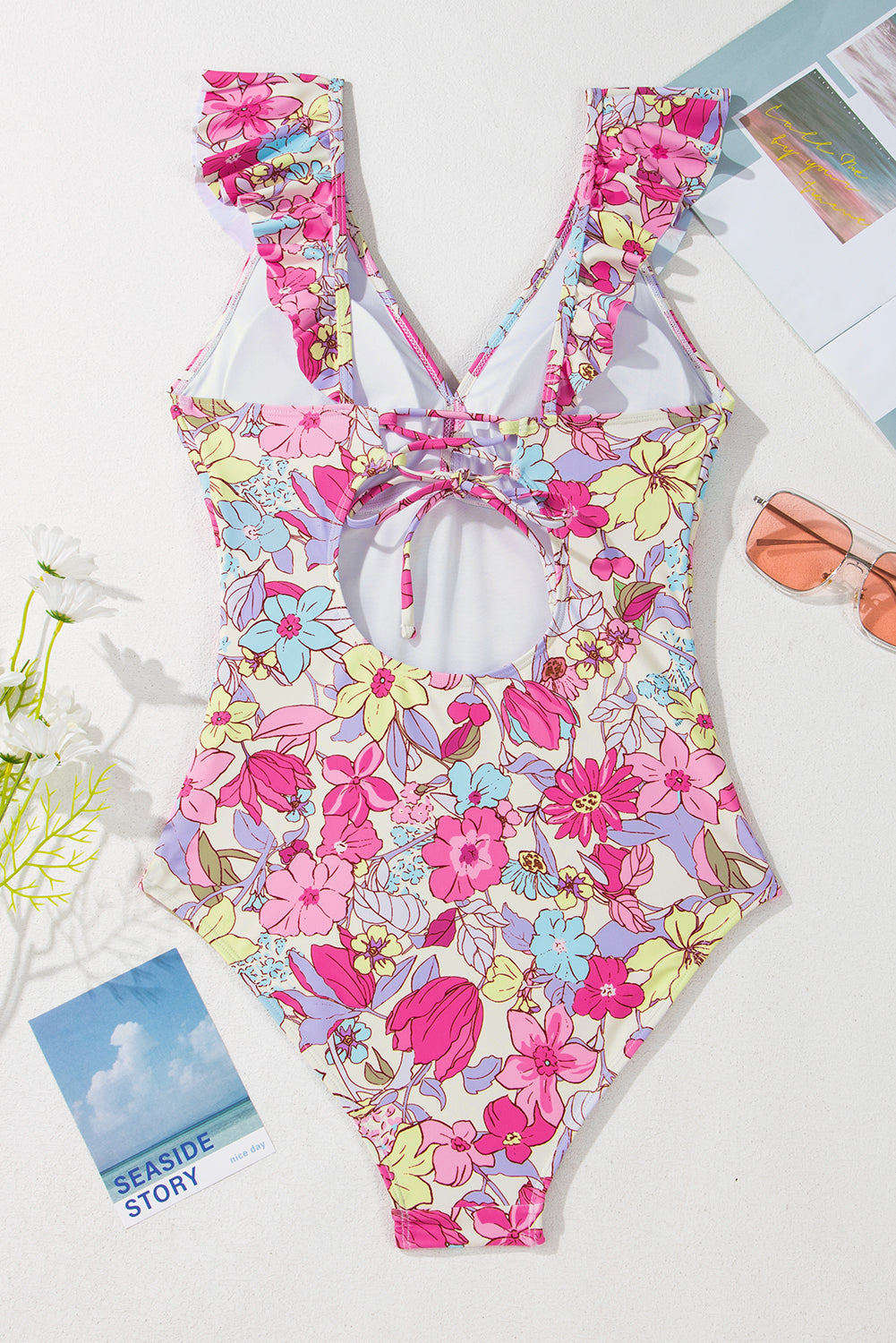 Pink Floral Ruffle Trim V Neck Backless One Piece Swimsuit-One-Piece-[Adult]-[Female]-2022 Online Blue Zone Planet