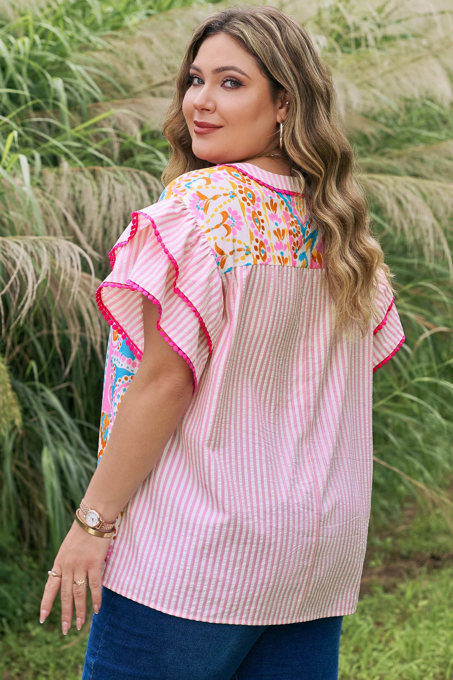 Rose Plus Size Geometric Print Contrast Trim Striped V Neck Blouse-Plus Size/Plus Size Tops/Plus Size Blouses & Shirts-[Adult]-[Female]-2022 Online Blue Zone Planet