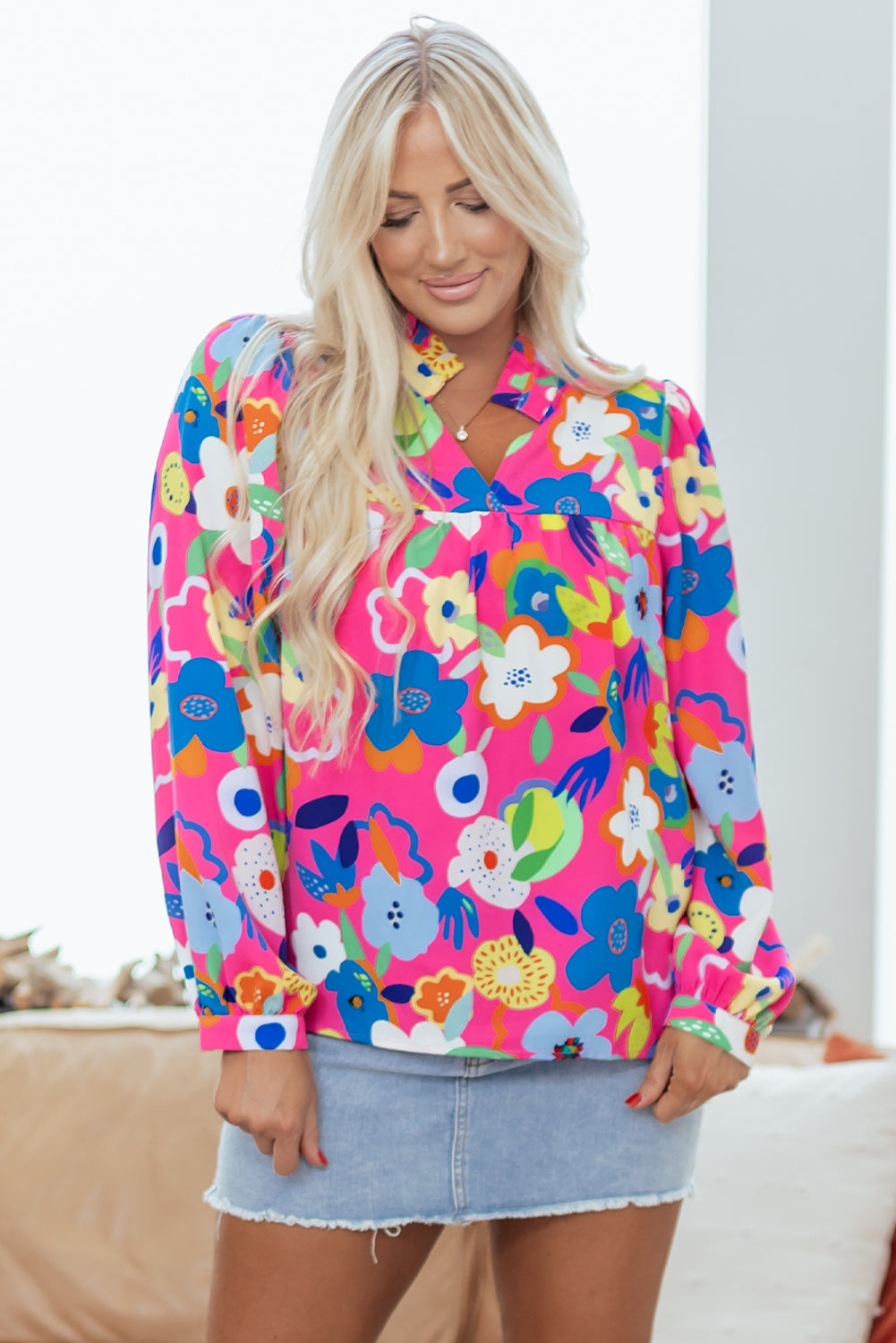 Rose Flower Bomb V Neck Blouse-Tops/Blouses & Shirts-[Adult]-[Female]-2022 Online Blue Zone Planet