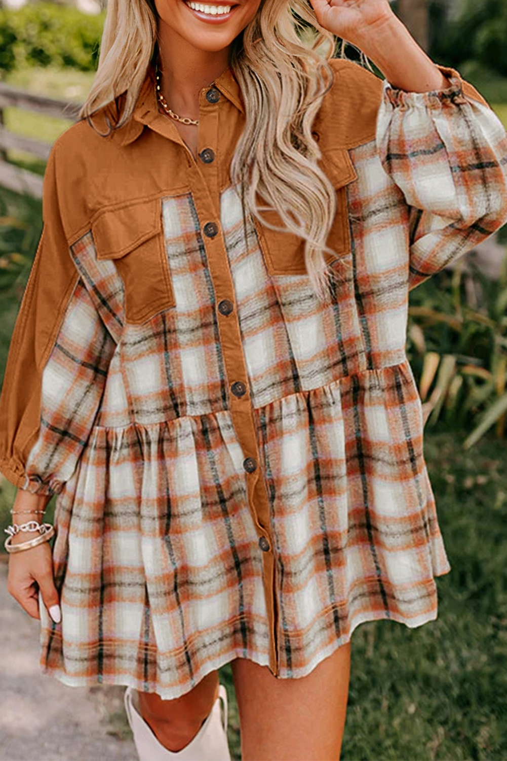 Khaki Plaid Color Block Patchwork Ruffle Hem Tunic Shirt Dress Khaki / M / 59%Polyester+41%Cotton
