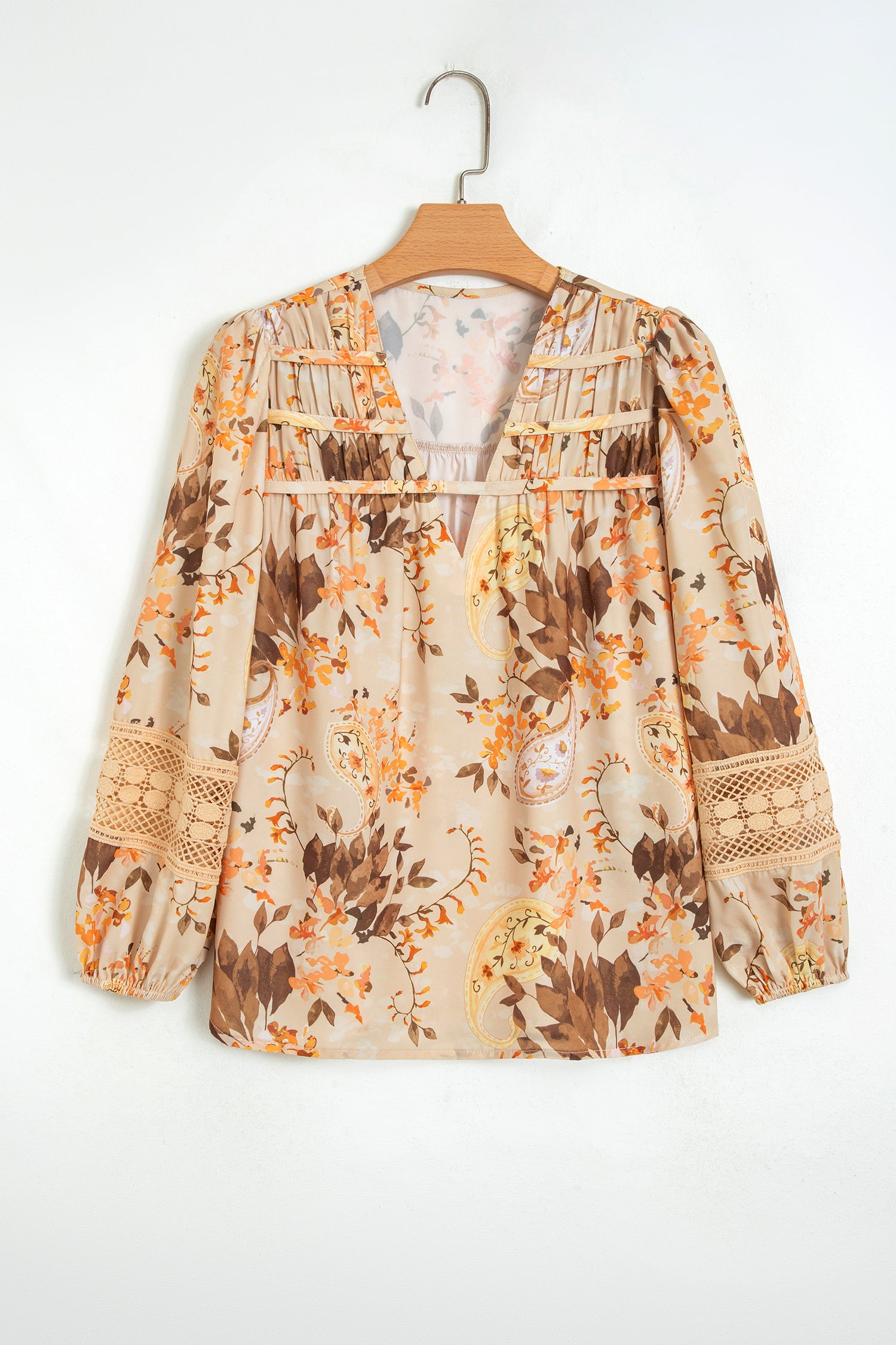 Khaki Paisley Print Decorative Binding Tape V Neck Shift Blouse-Tops/Blouses & Shirts-[Adult]-[Female]-2022 Online Blue Zone Planet