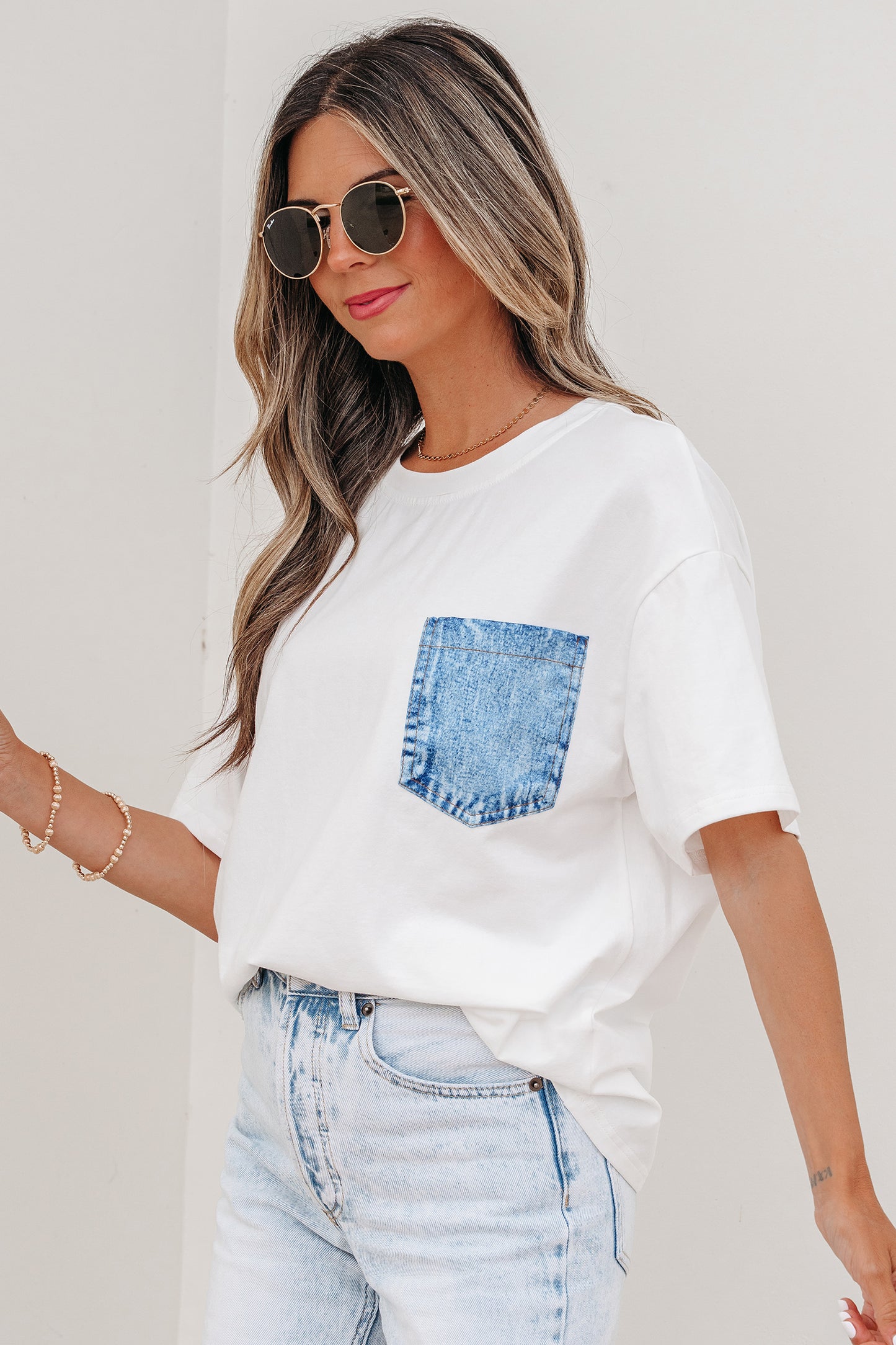 Sail Blue Color Block Chest Pocket Patched Casual Short Sleeve Top-Tops/Tops & Tees-[Adult]-[Female]-2022 Online Blue Zone Planet