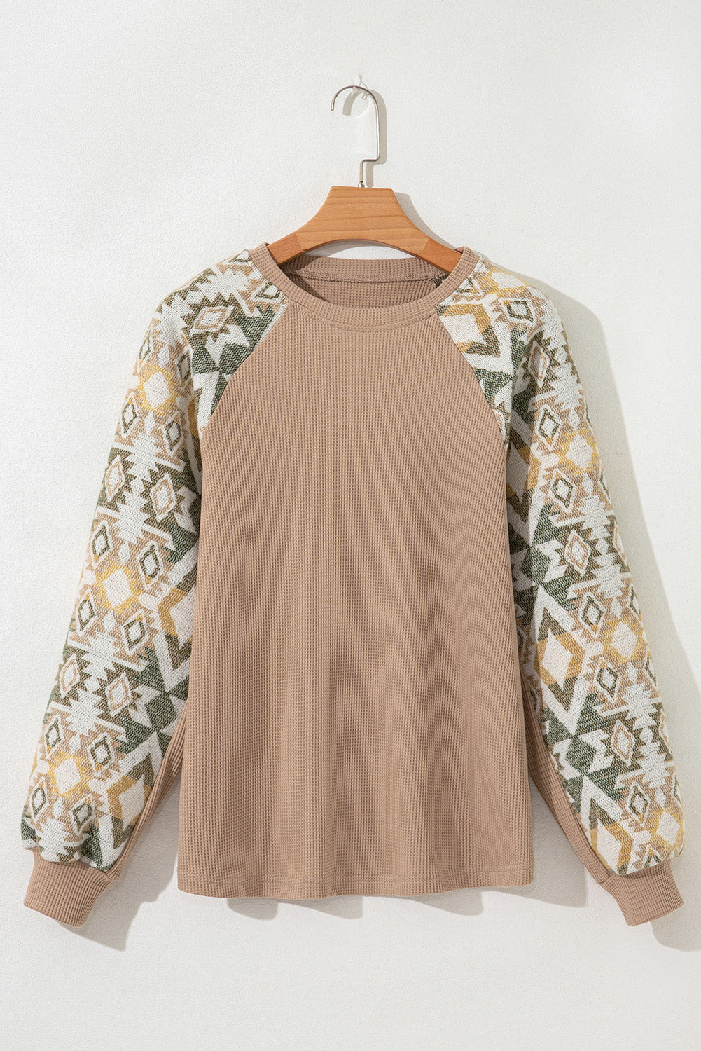 Smoke Gray Waffle Aztec Patchwork Raglan Sleeve Knit Top-Tops/Long Sleeve Tops-[Adult]-[Female]-2022 Online Blue Zone Planet