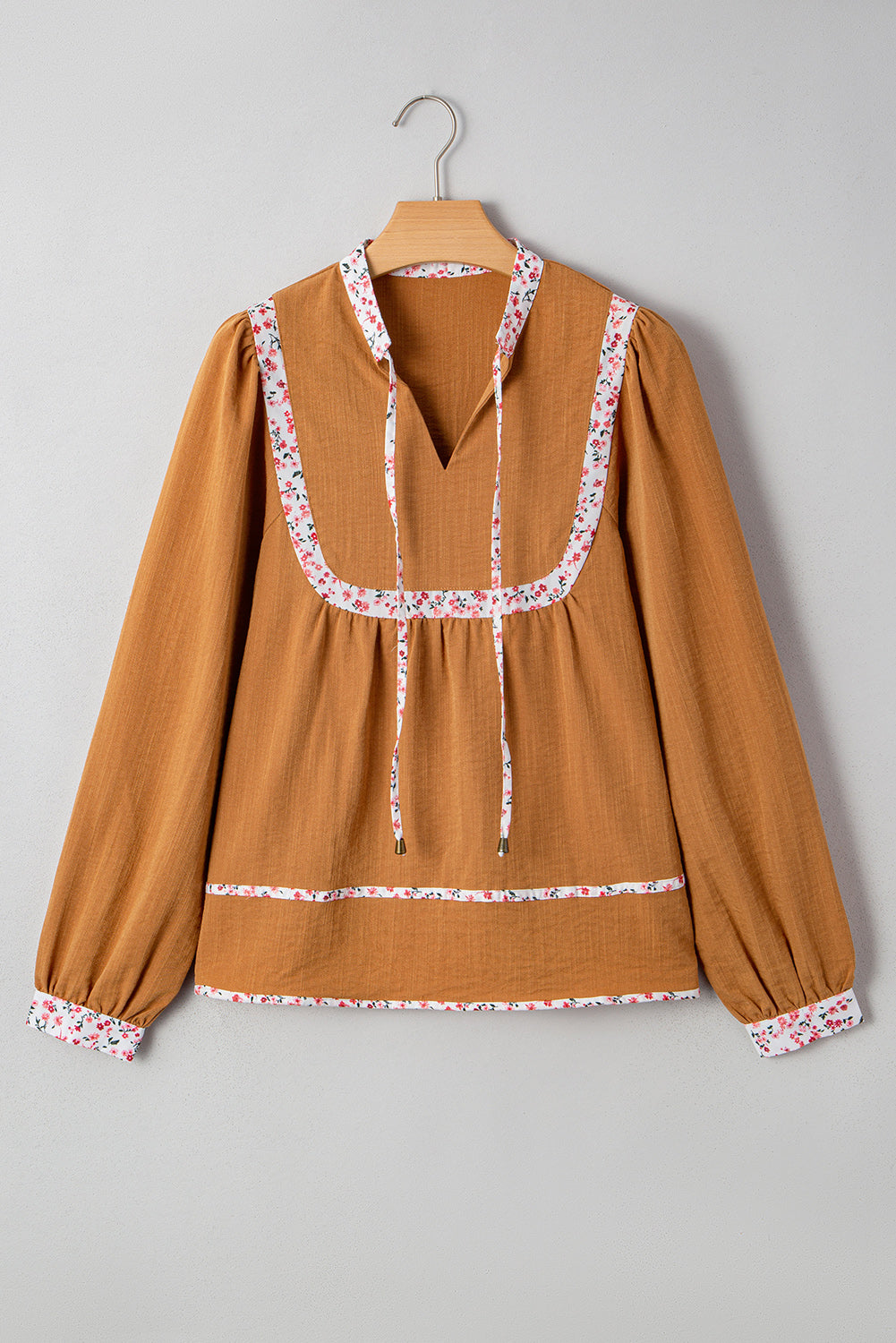 Straw Yellow Split Neck Pleated Floral Trim Long Puff Sleeve Blouse-Tops/Blouses & Shirts-[Adult]-[Female]-2022 Online Blue Zone Planet