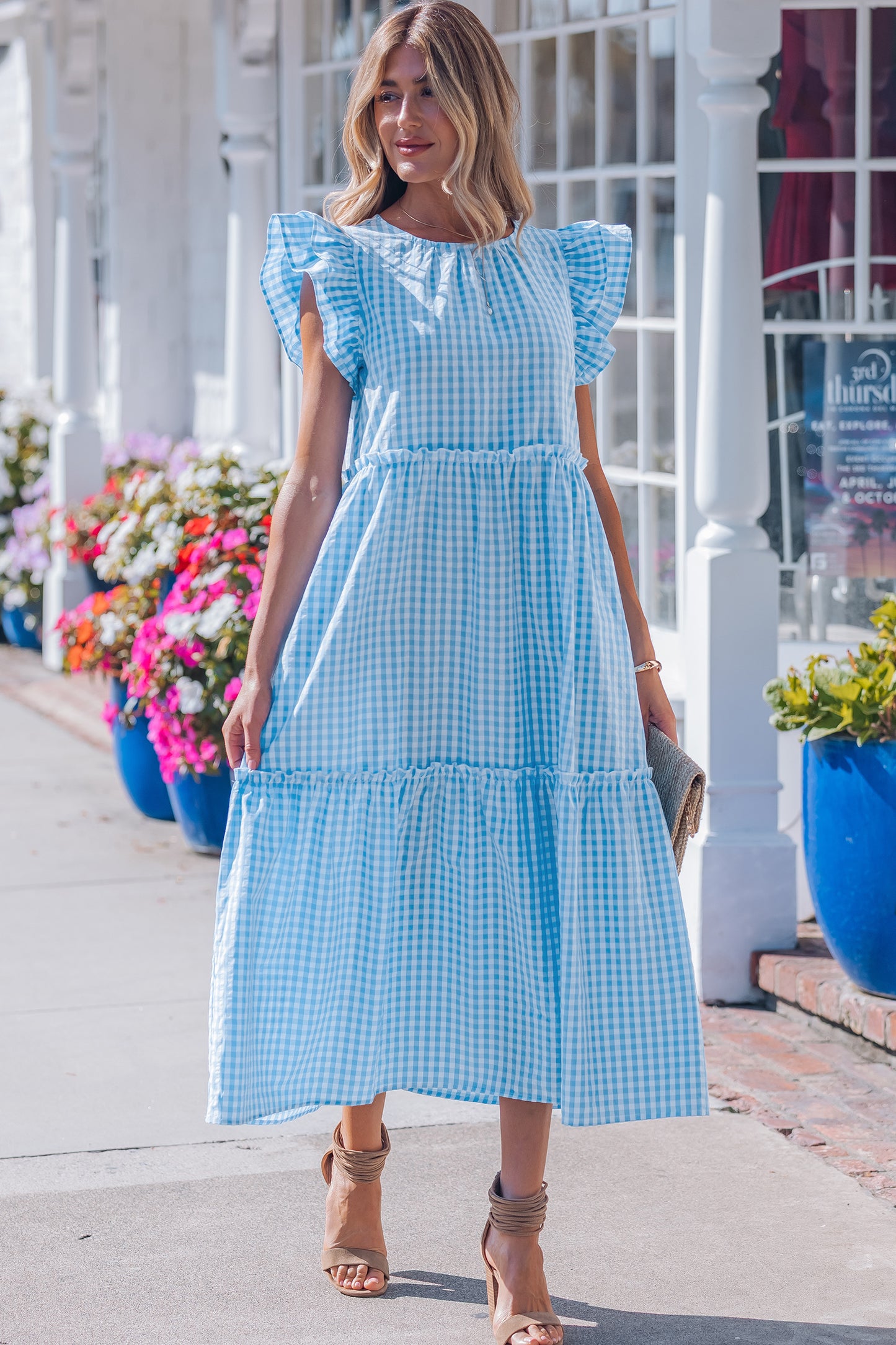 Sky Blue Knot Back Ruffled Short Sleeve Gingham Maxi Dress-TOPS / DRESSES-[Adult]-[Female]-2022 Online Blue Zone Planet
