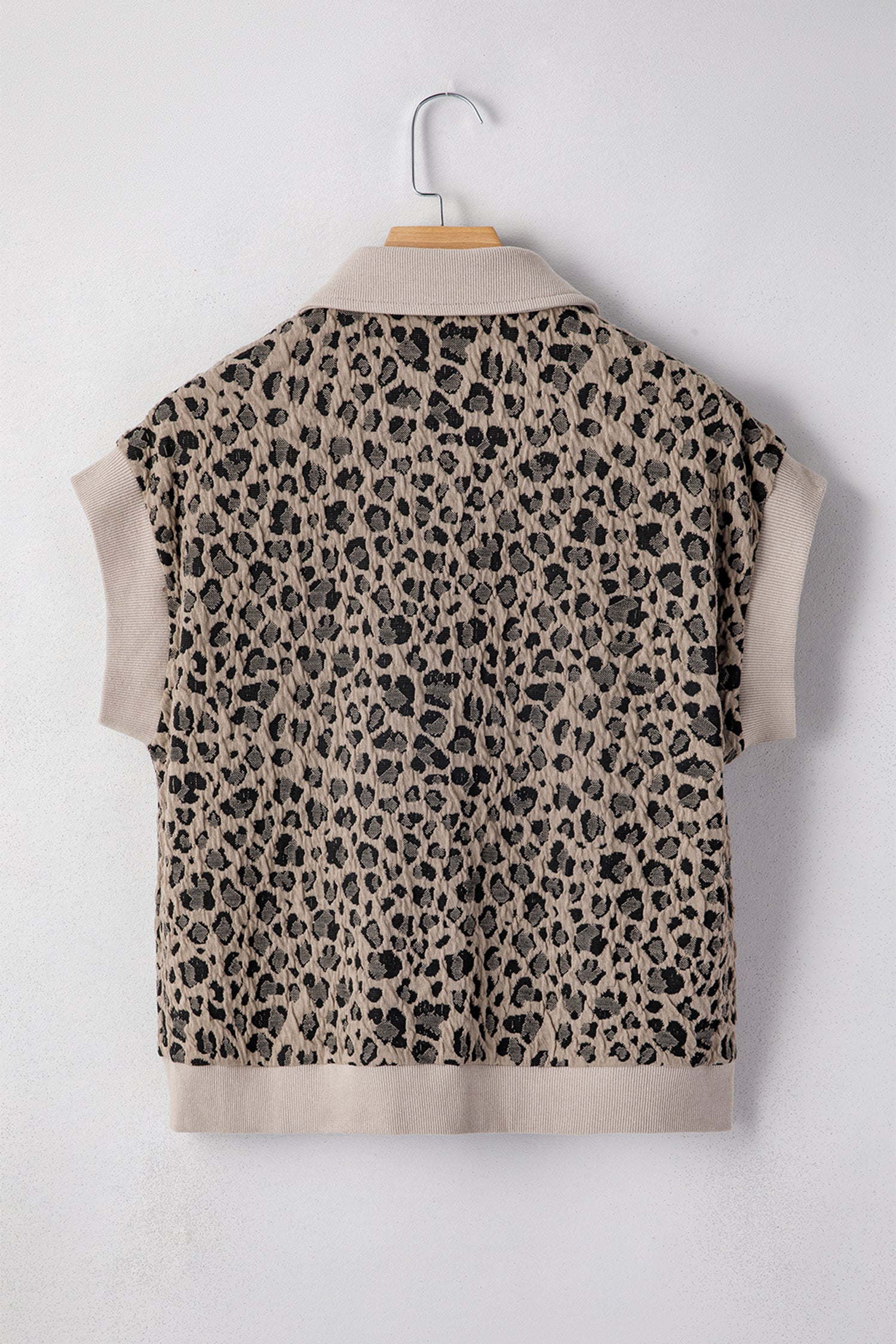 Beige Zip Up Collared Leopard Cap Sleeve Top-Tops/Tops & Tees-[Adult]-[Female]-2022 Online Blue Zone Planet