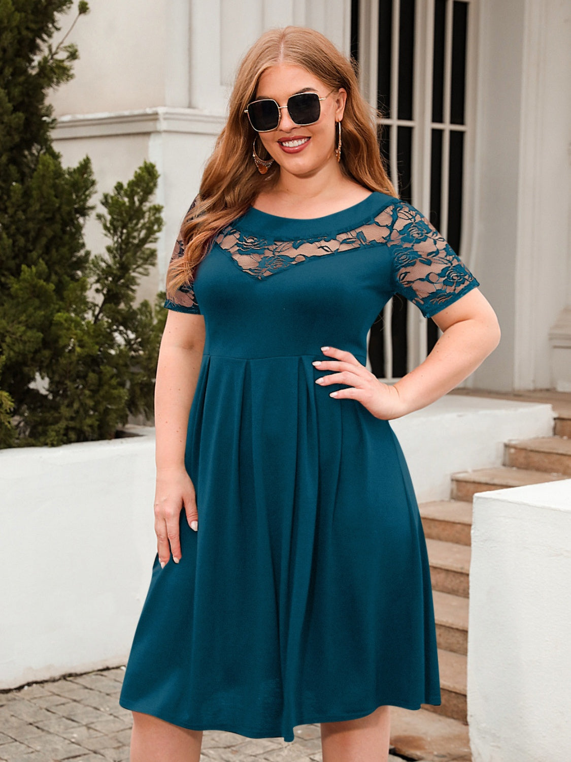 Plus Size Ruched Round Neck Short Sleeve Dress-TOPS / DRESSES-[Adult]-[Female]-2022 Online Blue Zone Planet