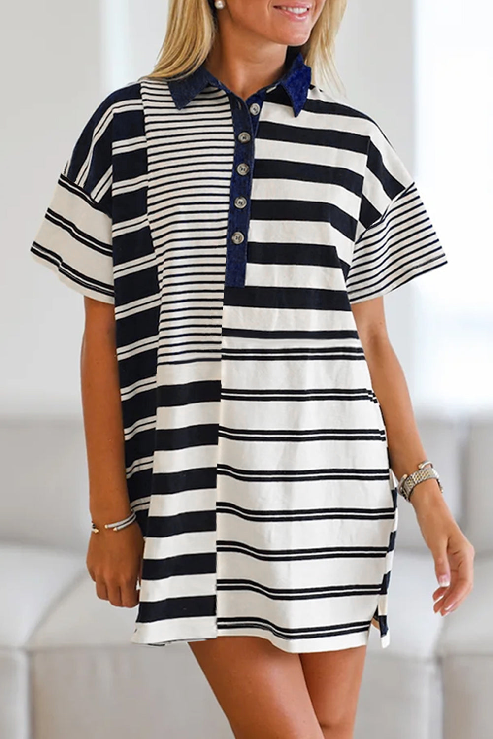 Black Stripe Half Placket Polo T Shirt Dress-TOPS / DRESSES-[Adult]-[Female]-Black Stripe-S-2022 Online Blue Zone Planet