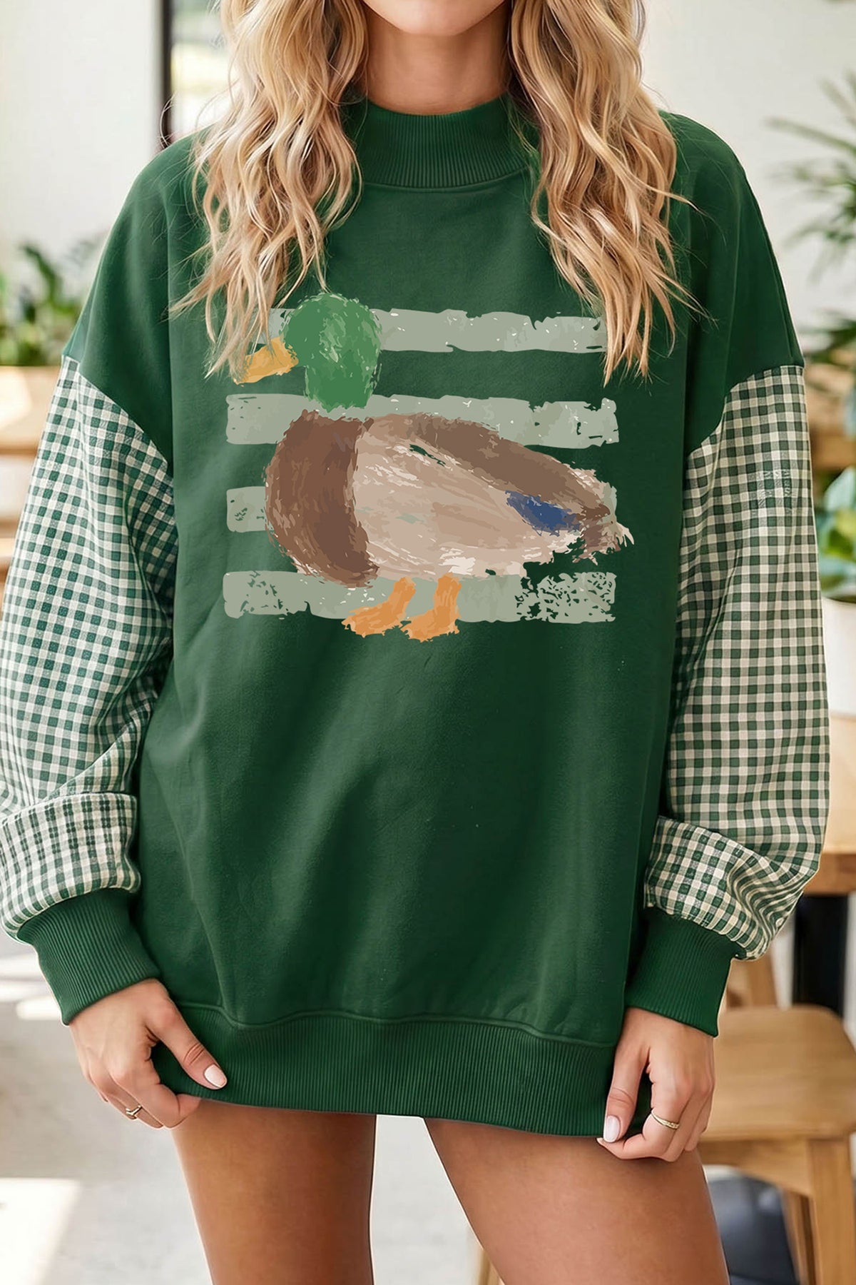 Evergreen Mallard Graphic Plaid Sleeve Tunic Sweatshirt-Graphic/Graphic Sweatshirts-[Adult]-[Female]-2022 Online Blue Zone Planet