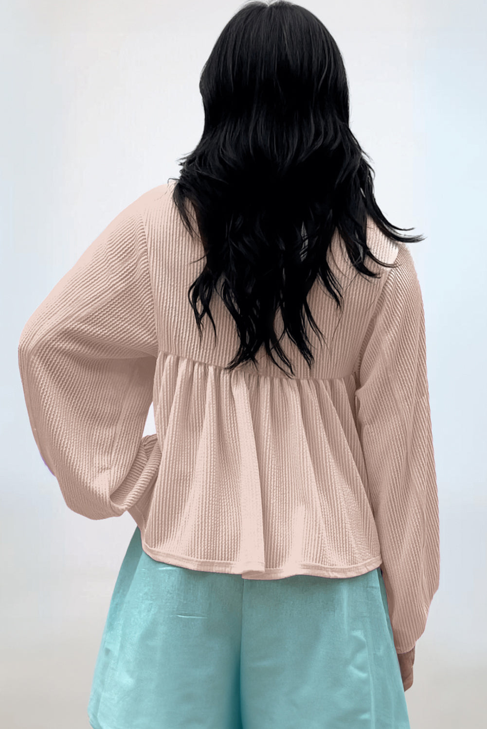 Parchment Corded Turn-down V Neck Bubble Sleeve Babydoll Blouse-Tops/Blouses & Shirts-[Adult]-[Female]-2022 Online Blue Zone Planet