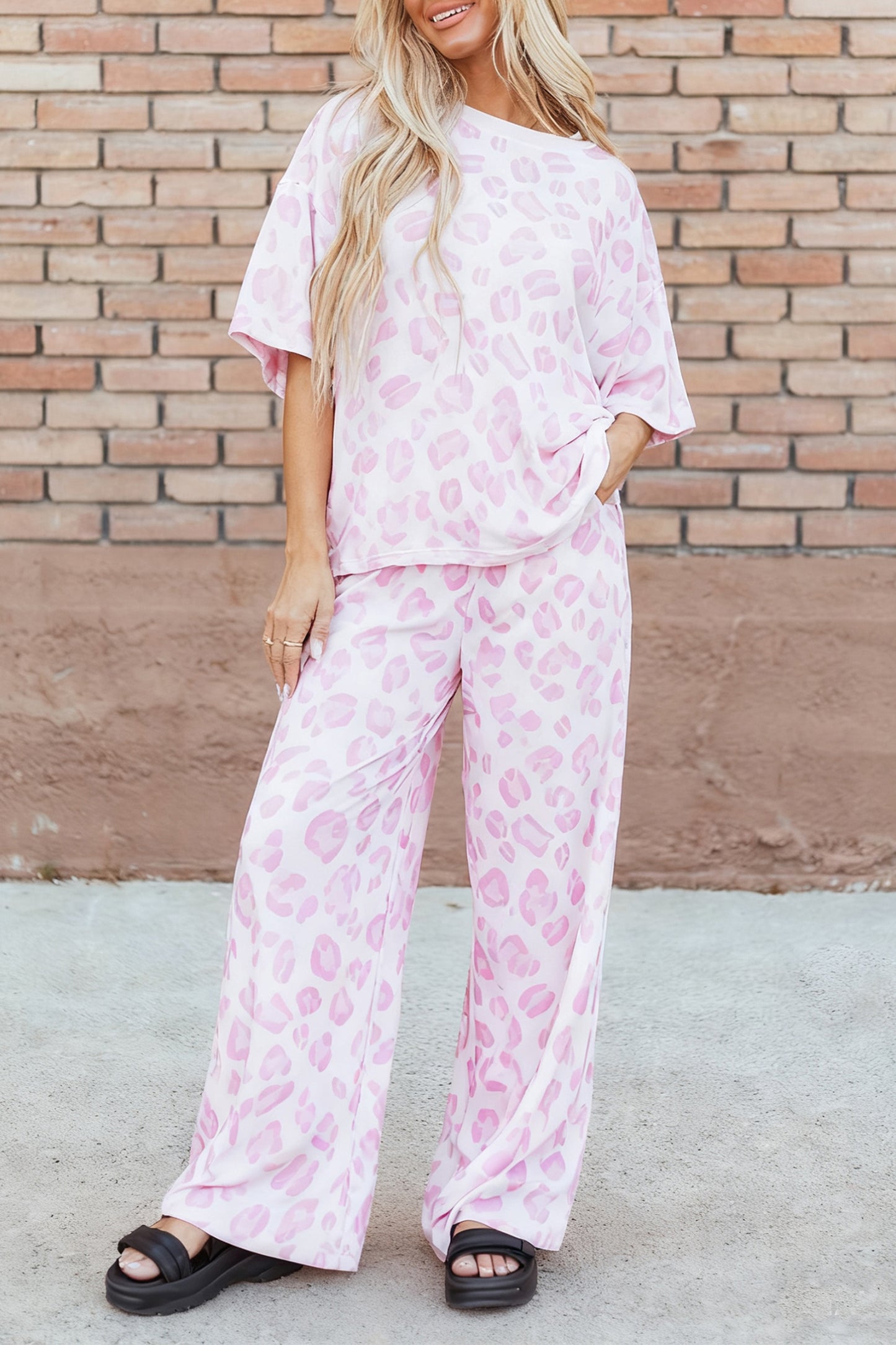 Pink Leopard Two Piece Top and Pants Set