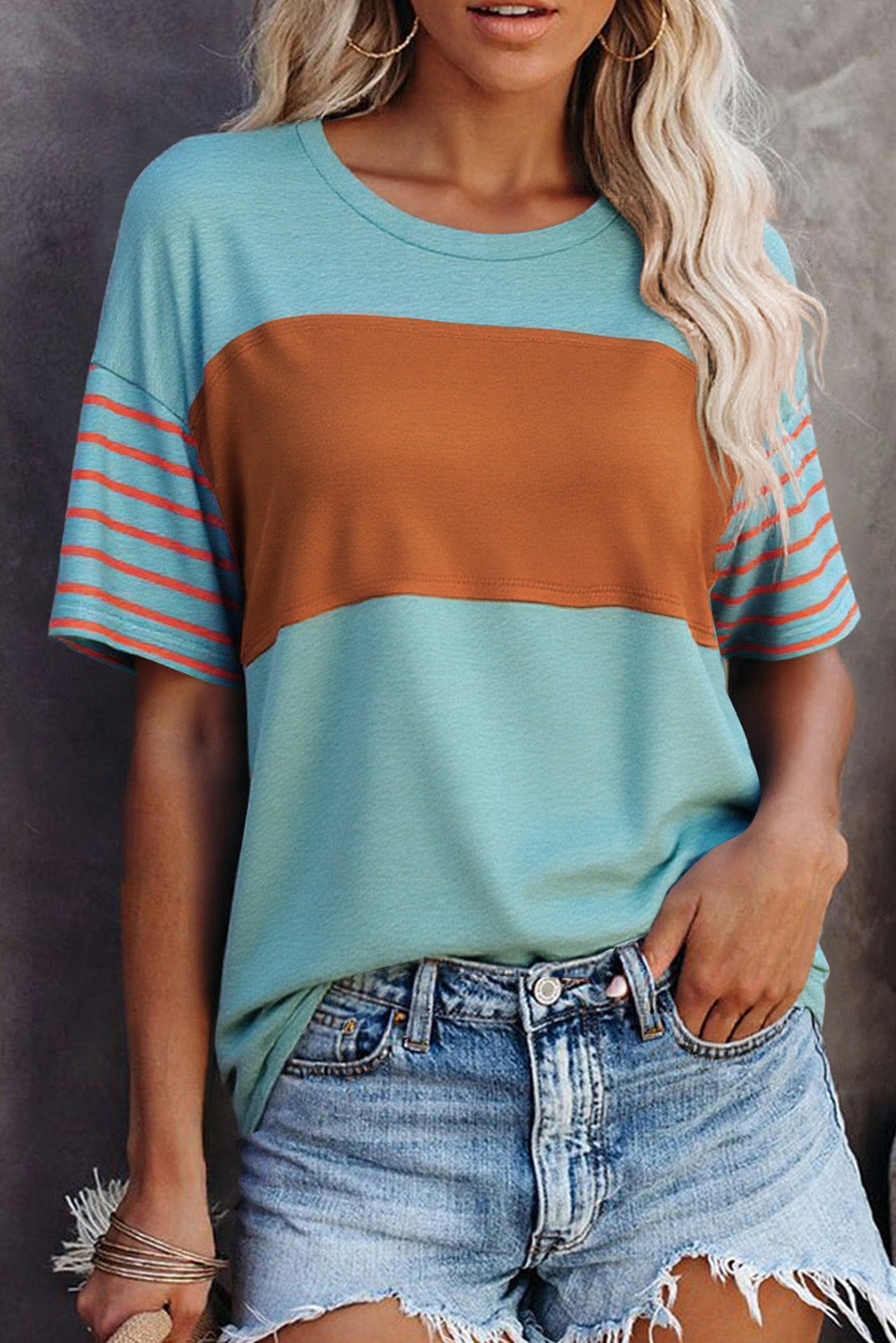 Mint Green Color Block Striped Detail Loose T Shirt-Tops/Tops & Tees-[Adult]-[Female]-Mint Green-S-2022 Online Blue Zone Planet
