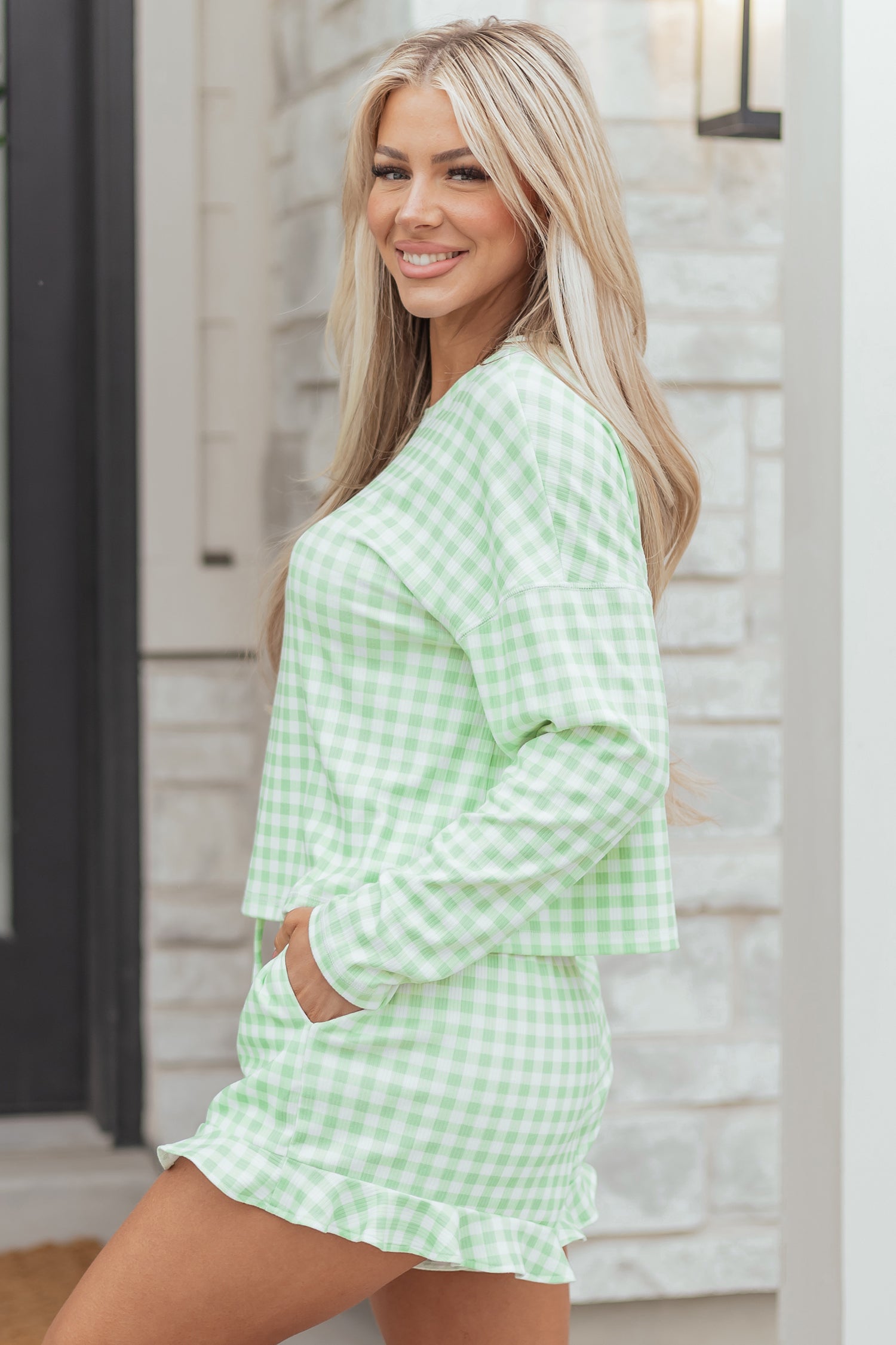 Green Gingham Long Sleeve Loose Top Drawstring Shorts 2pcs Lounge Set-Loungewear & Sleepwear/Loungewear-[Adult]-[Female]-2022 Online Blue Zone Planet