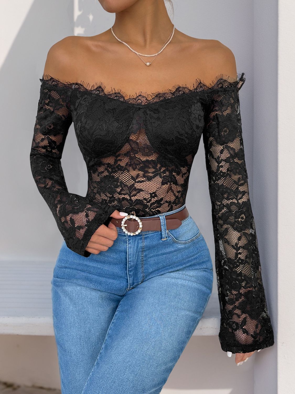 Perfee Lace Off-Shoulder Long Sleeve Bodysuit-TOPS / DRESSES-[Adult]-[Female]-2022 Online Blue Zone Planet