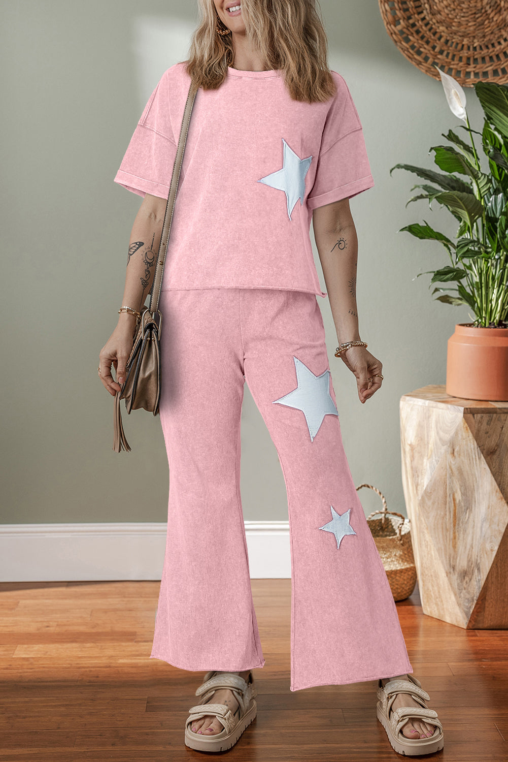 Mint Green Acid Wash Star Patched Rolled Trim Pants Set-Two Piece Sets/Pant Sets-[Adult]-[Female]-Light Pink-S-2022 Online Blue Zone Planet