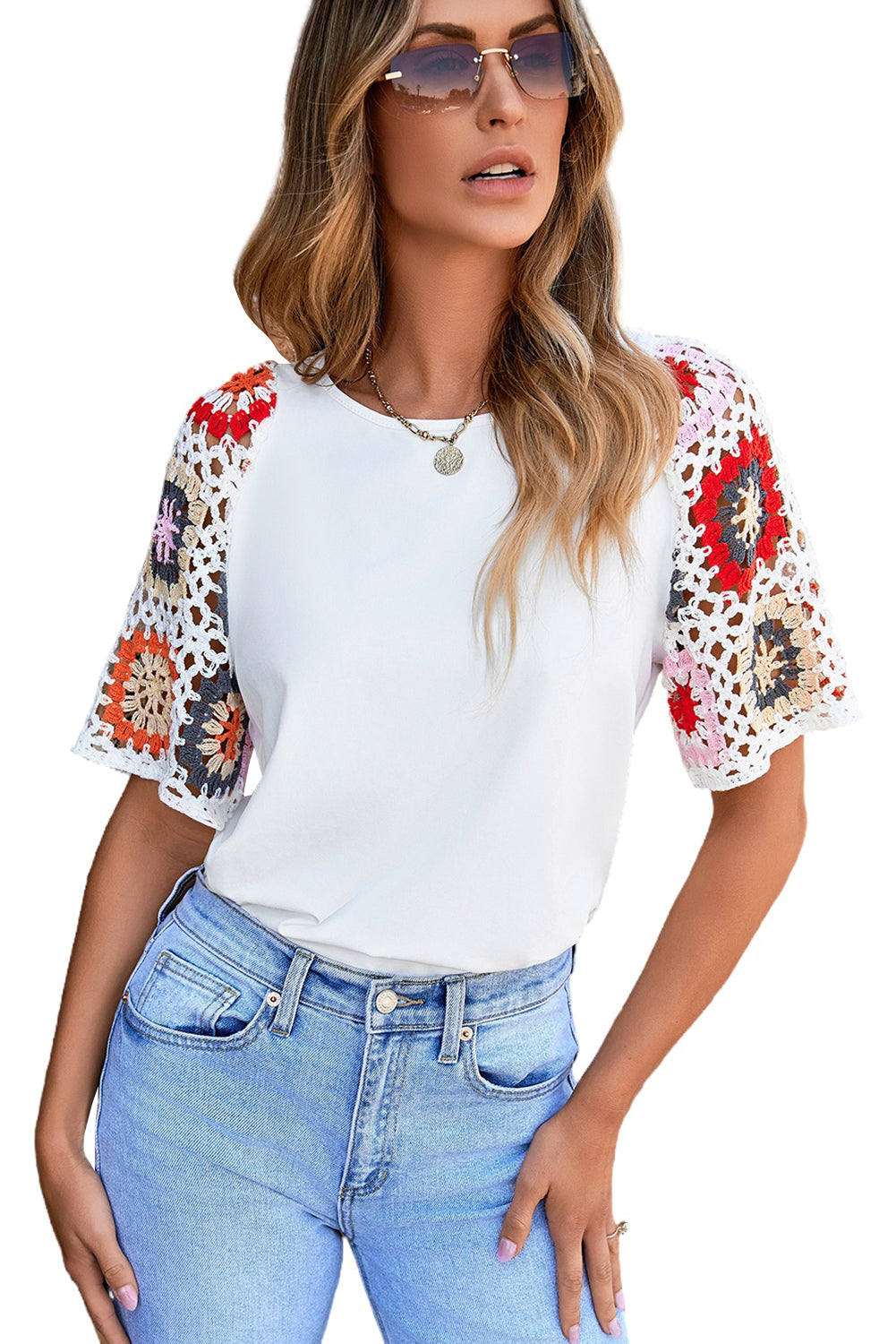 White Floral Crochet Short Sleeve Top-Tops/Tops & Tees-[Adult]-[Female]-2022 Online Blue Zone Planet