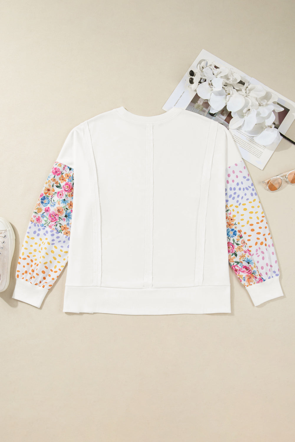White Plus Size Exposed Seam Detail Contrast Dot Floral Patchwork Sleeve Sweatshirt-Plus Size/Plus Size Sweatshirts & Hoodies-[Adult]-[Female]-2022 Online Blue Zone Planet
