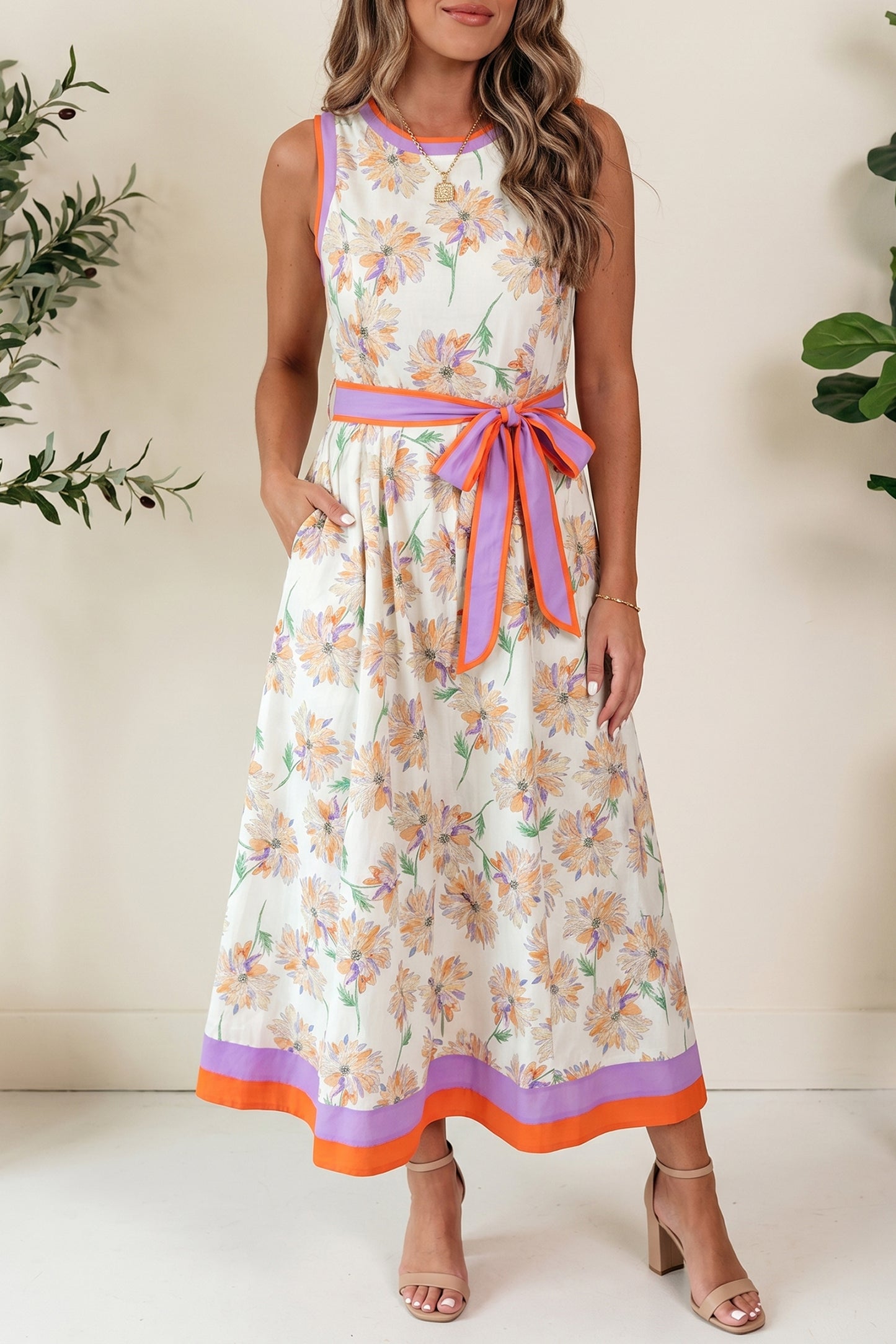 White Floral Print Color Block Trim Belted Sleeveless Maxi Dress-TOPS / DRESSES-[Adult]-[Female]-2022 Online Blue Zone Planet