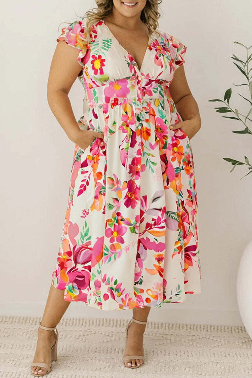 Pink Floral Print V Neck Ruffle Sleeve Plus Size Midi Dress-TOPS / DRESSES-[Adult]-[Female]-Pink-1X-2022 Online Blue Zone Planet