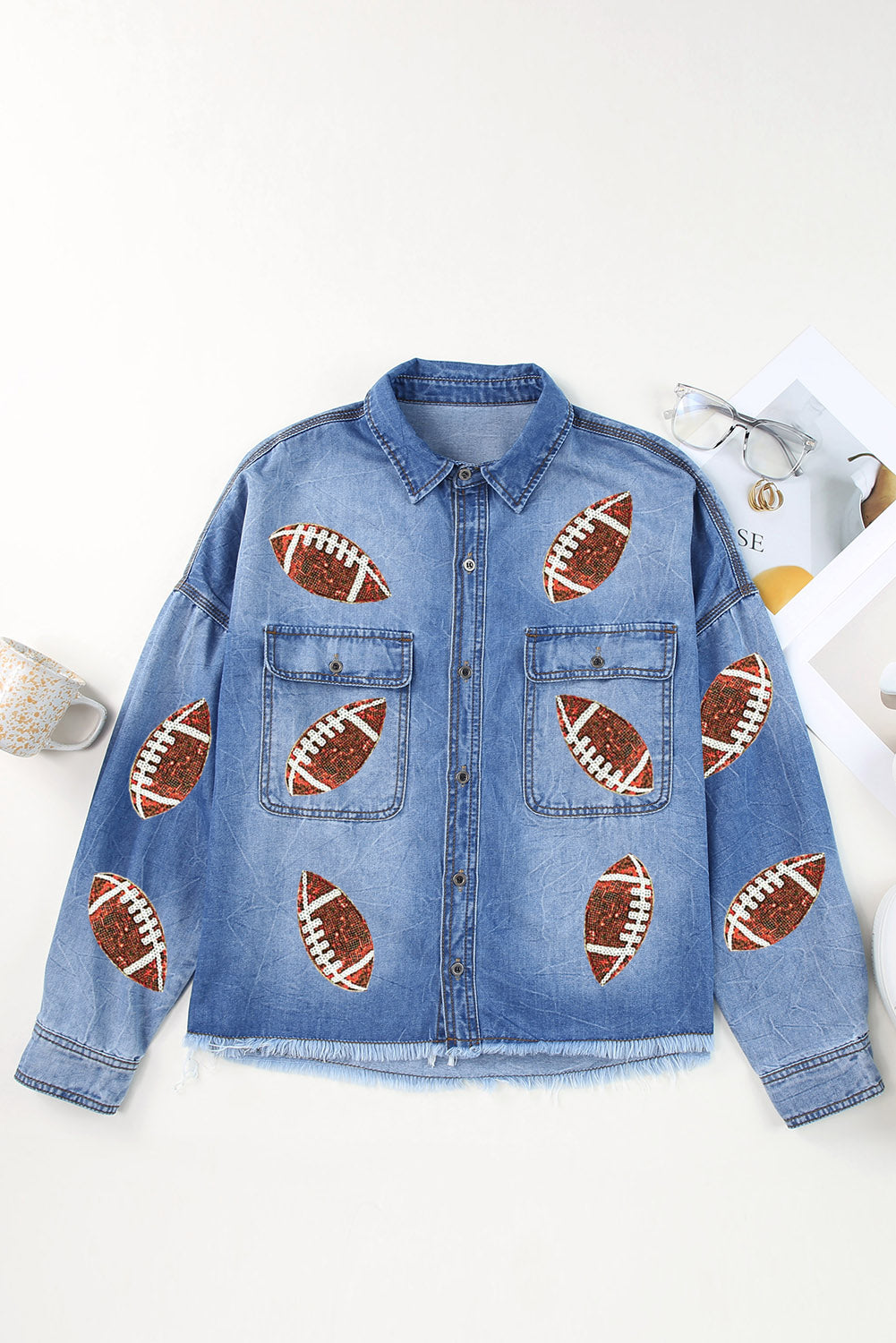 Raw Hem Sequin Football Long Sleeve Denim Jacket-TOPS / DRESSES-[Adult]-[Female]-2022 Online Blue Zone Planet