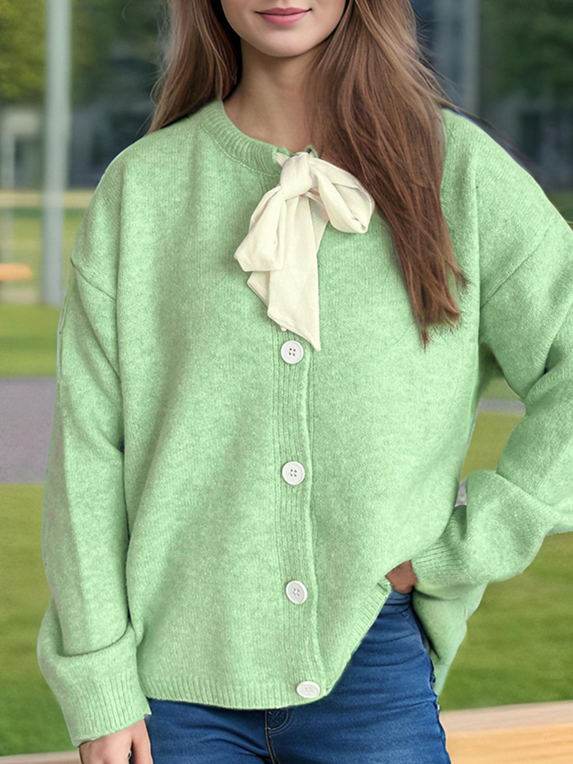 Tied Button Down Long Sleeve Cardigan-NEW ARRIVALS-[Adult]-[Female]-Neon Green-One Size-2022 Online Blue Zone Planet