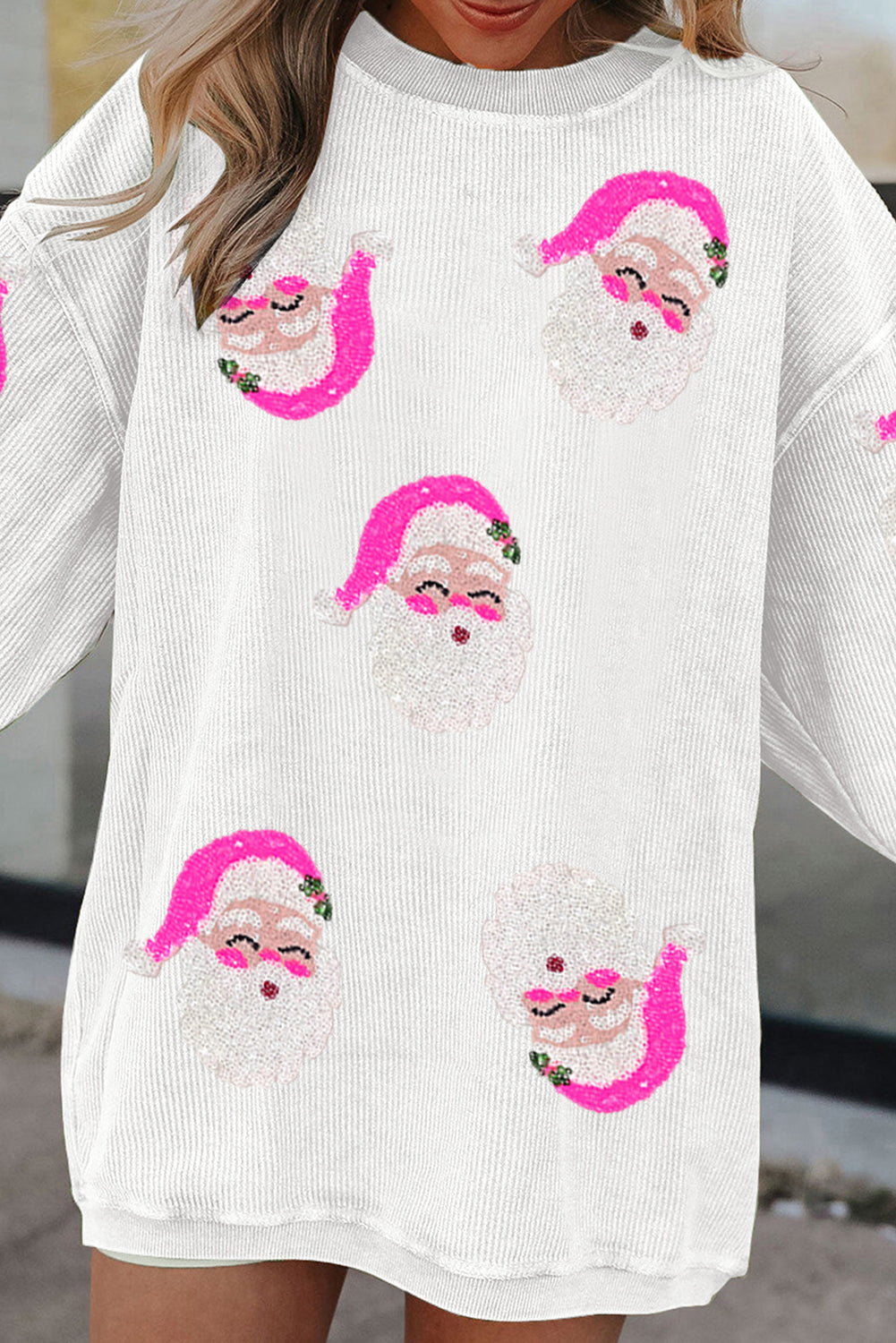 Blue Zone Planet | White Sequin Santa Claus Ribbed Oversized Graphic Sweatshirt-Graphic Sweatshirts-[Adult]-[Female]-2022 Online Blue Zone Planet