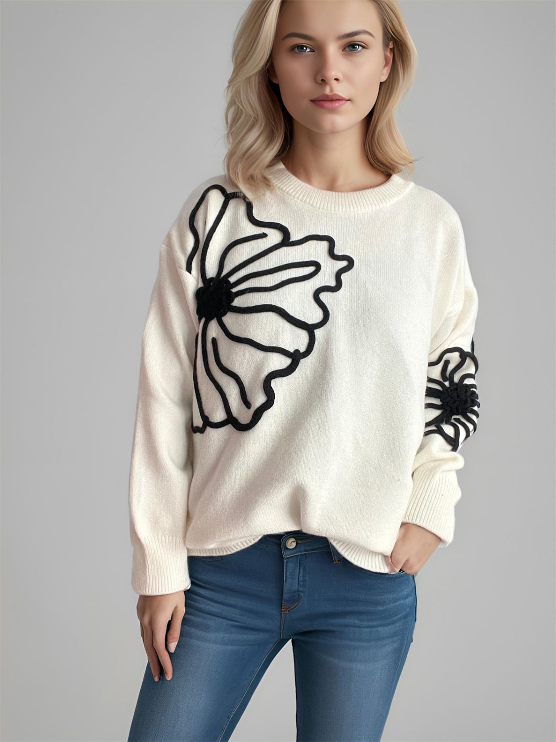 Flower Round Neck Long Sleeve Sweater-TOPS / DRESSES-[Adult]-[Female]-2022 Online Blue Zone Planet