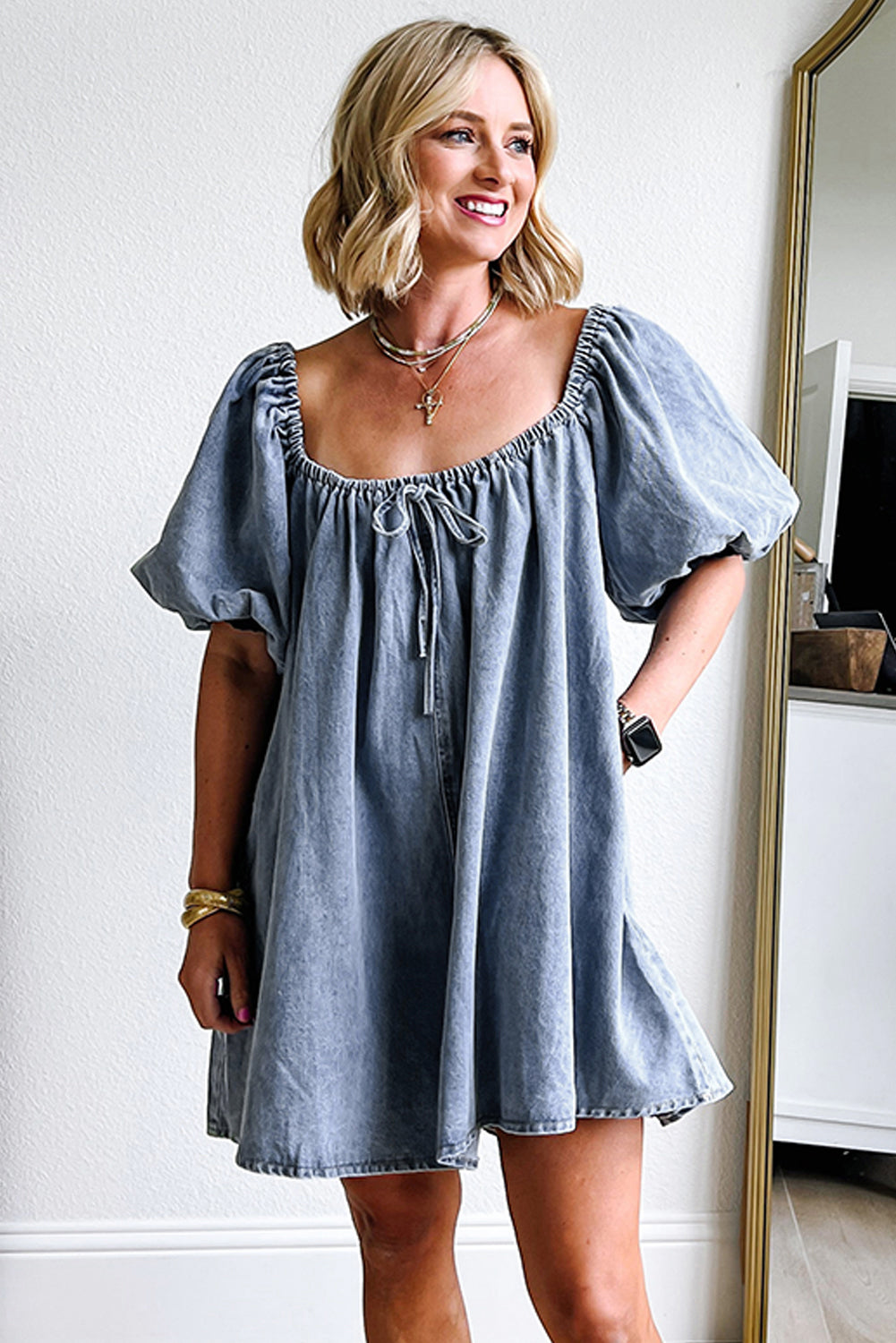 Myosotis Bubble Sleeve Square Neck Denim Babydoll Dress-Short Dresses-[Adult]-[Female]-2022 Online Blue Zone Planet