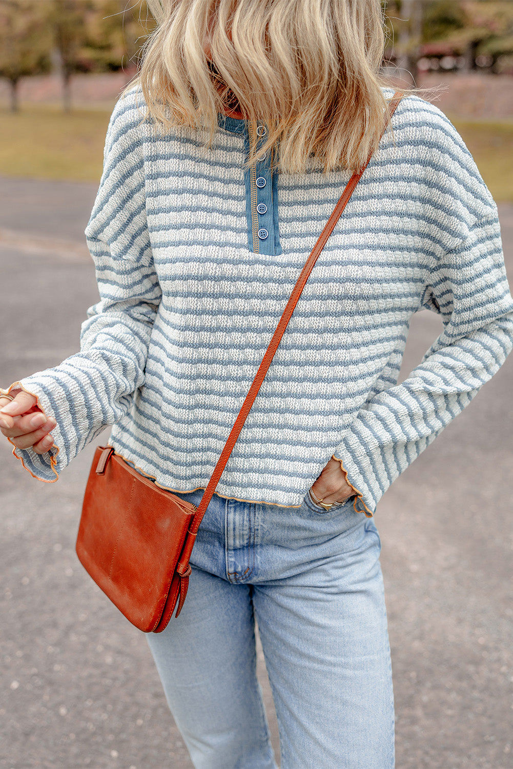 Blue Zone Planet | Brown Stripe Textured Frilly Trim Buttons Henley Long Sleeve Top-Tops/Long Sleeve Tops-[Adult]-[Female]-Sky Blue Stripe-S-2022 Online Blue Zone Planet