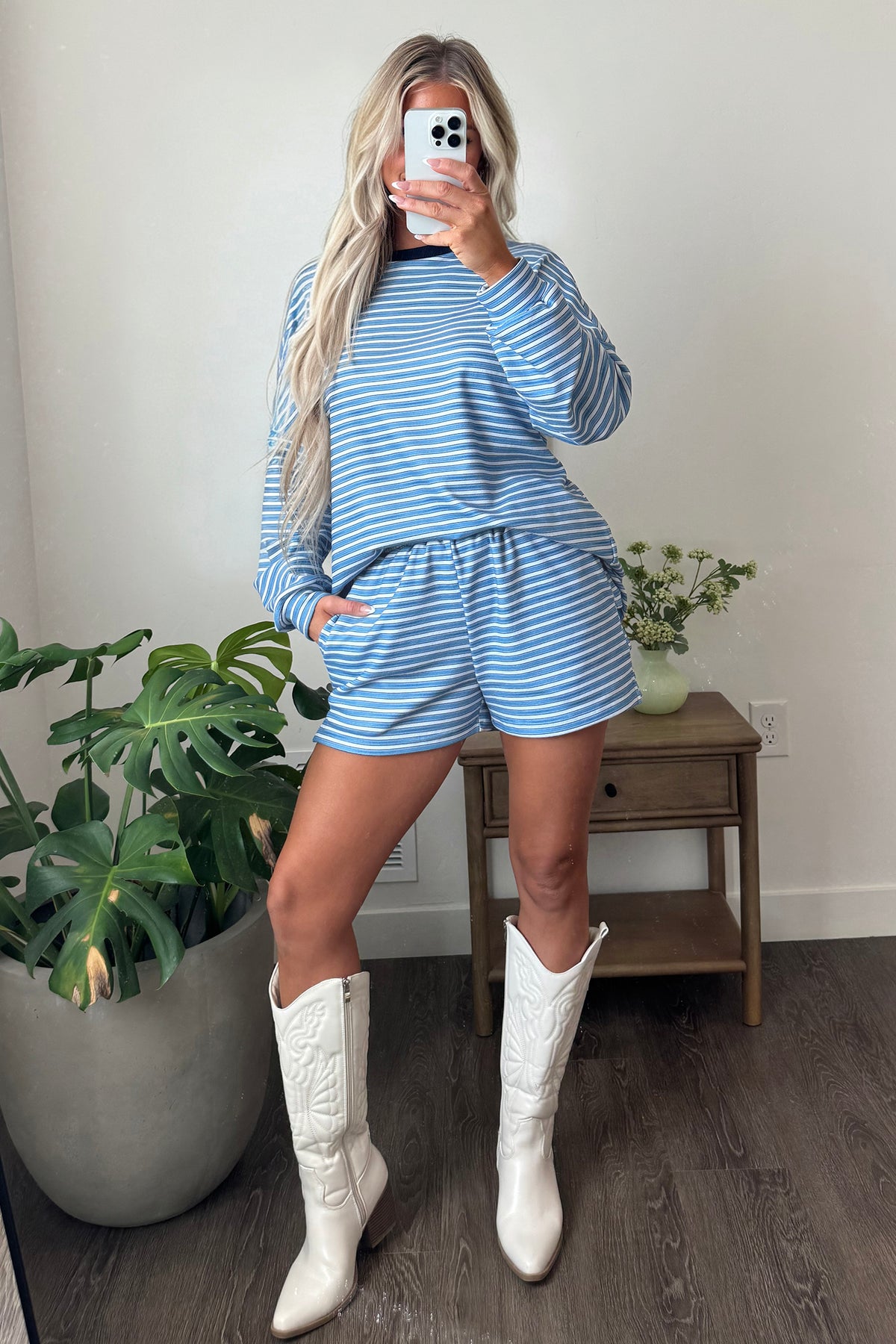 Sky Blue Stripe Long Sleeve Oversized Top Pocketed Casual Shorts Two Piece Set-Two Piece Sets/Short Sets-[Adult]-[Female]-2022 Online Blue Zone Planet